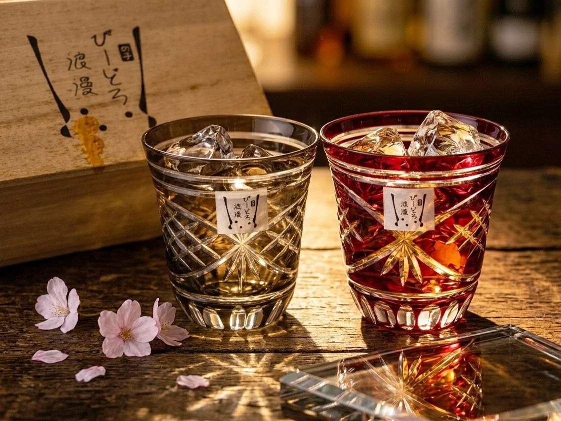 Bidoro Roman Kiriko Cut Glass Cups, Japanese Vintage Crystal Kagami Glassware, Unused W/ Box, Art Glass Gift
