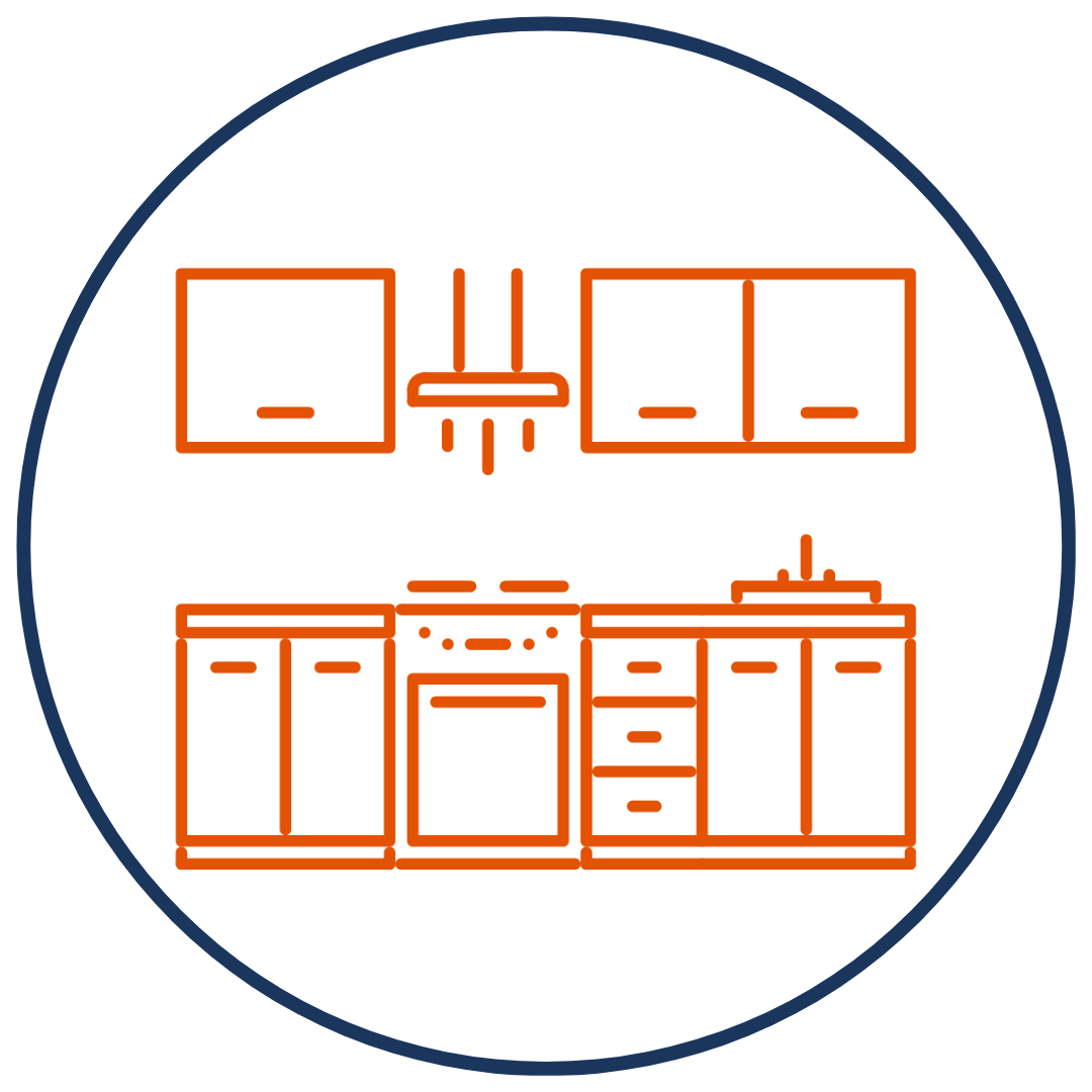 Illustration of kitchen cabinets, stove & sink