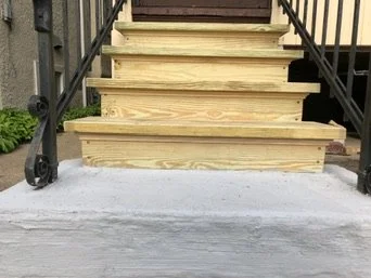 Before painting — new natural wood stair treads — Black & White Front Entry Stairs