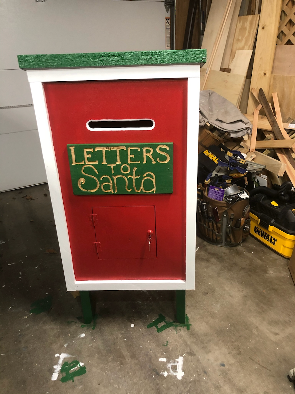 Completed flat-front Letters to Santa mailbox in the workshop.