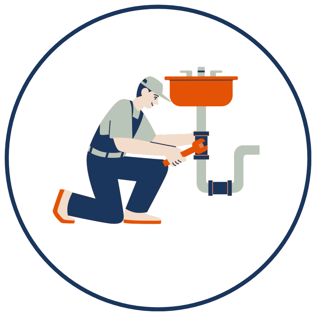 Illustration of a handyman repairing plumbing