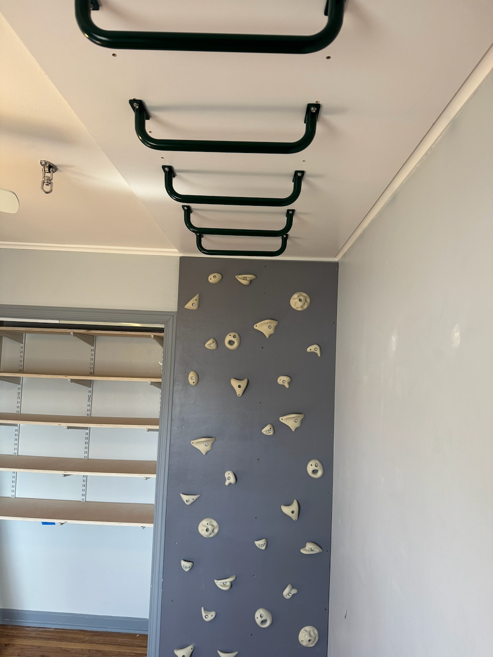 Climbing wall, wood ladder and overhead monkey bars in the same room.