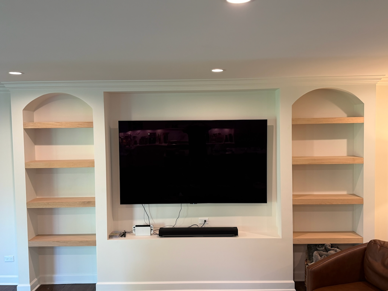 Built-In Media Wall & Arched Shelving