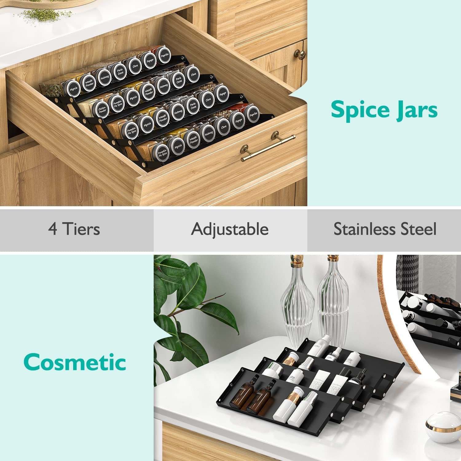 Spice Drawer Organizer, YASONIC Adjustable 4 Tier Spice Rack