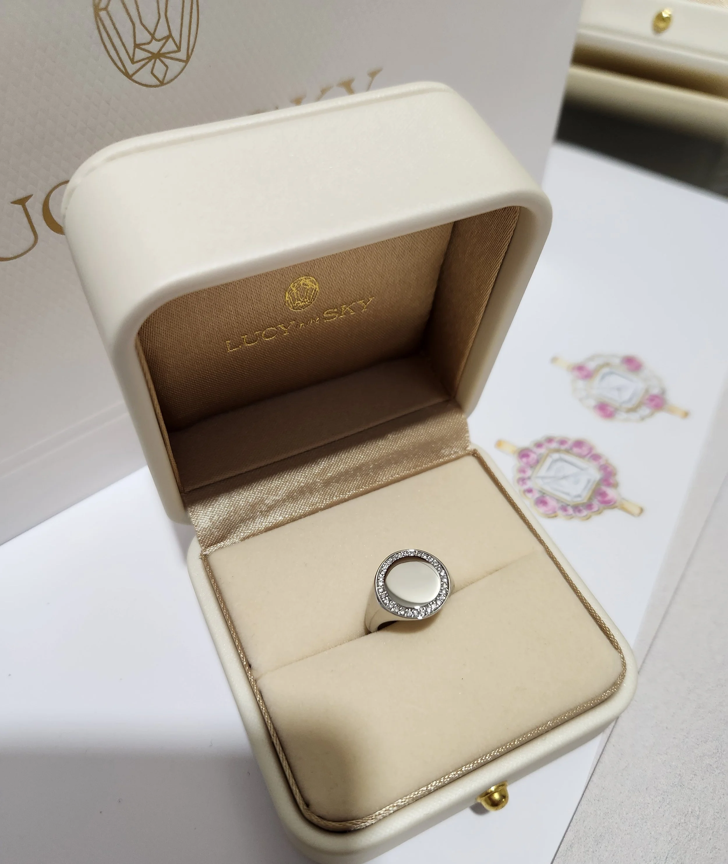 Round Face White Gold and Diamond Signet Ring