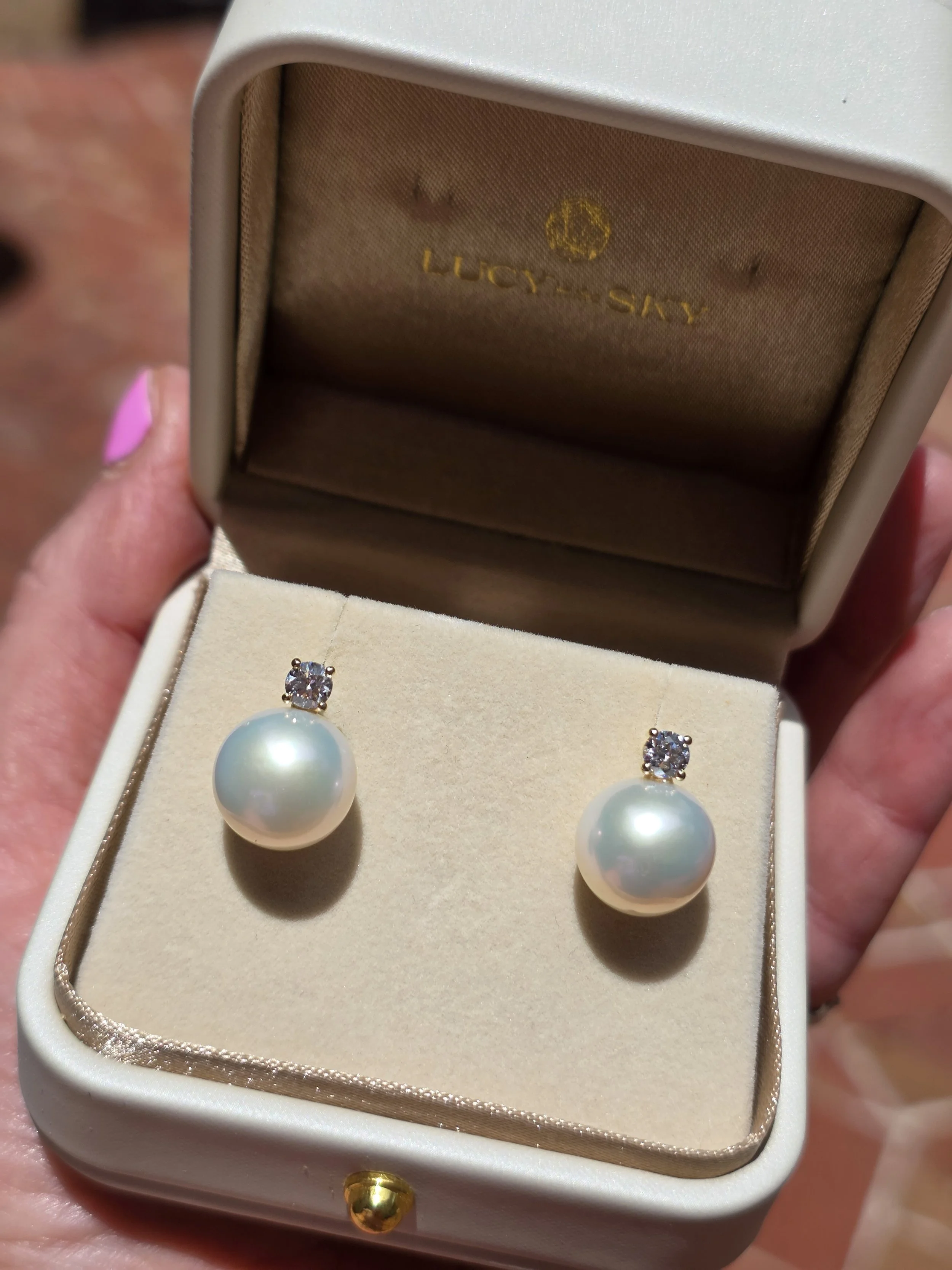 Natural Round Pearl and Diamond Short Drop Stud Earrings