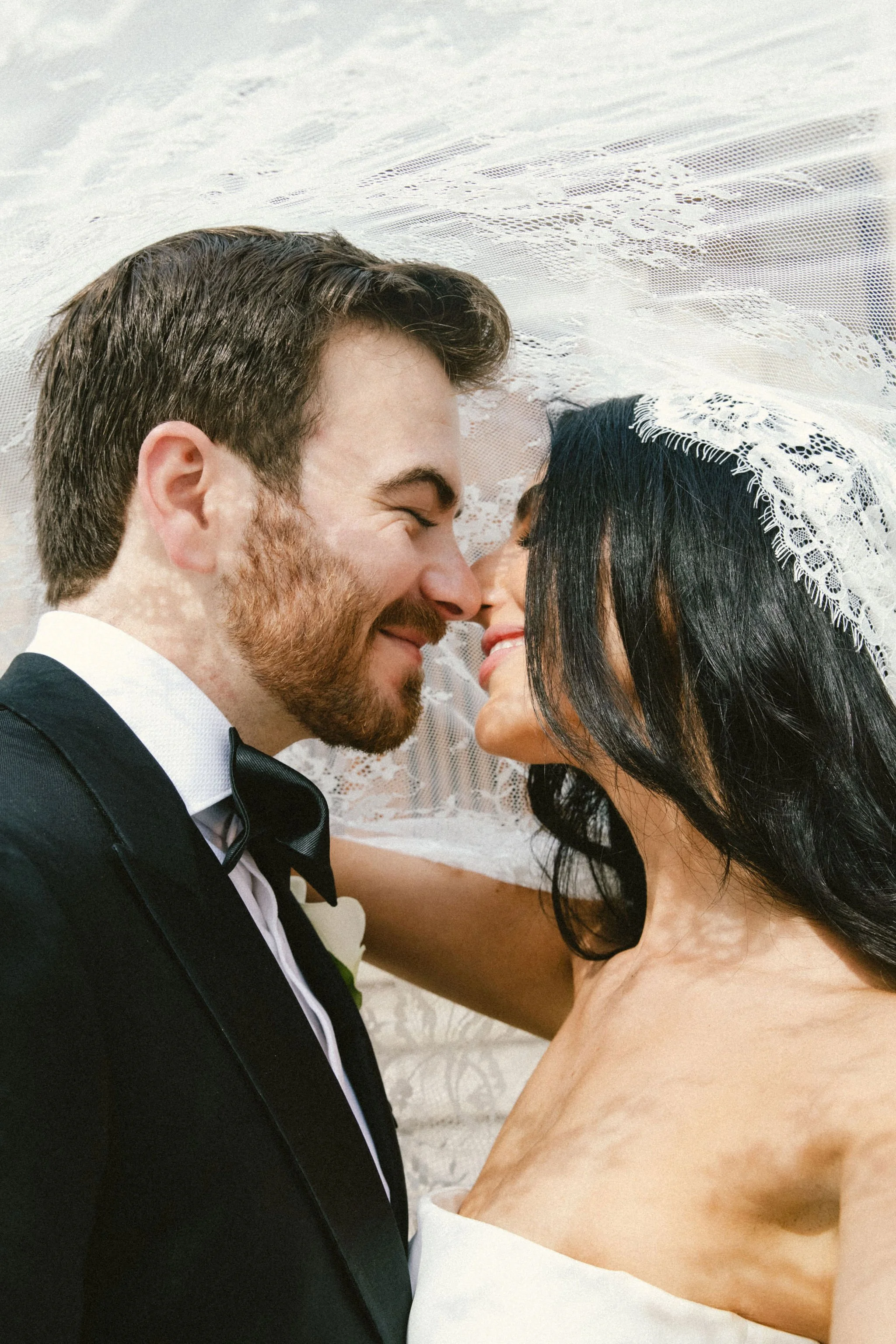 bride and groom under the veil shot