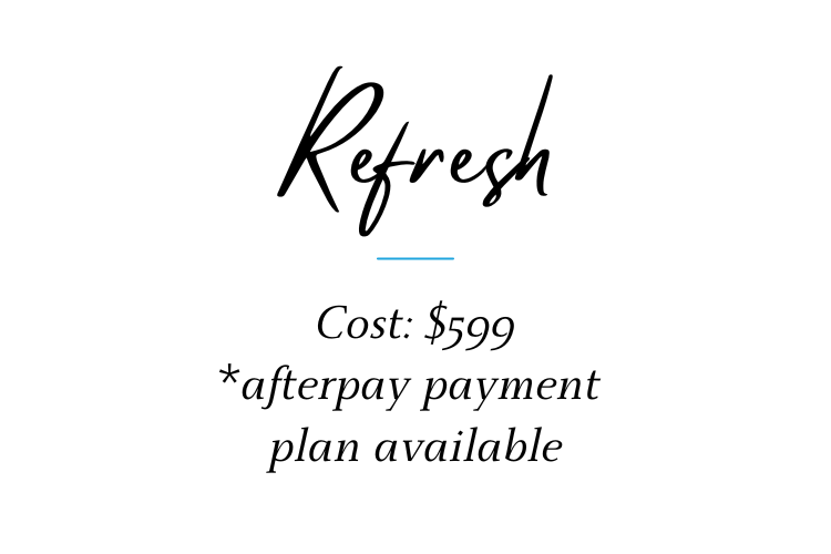 Text "Refresh. Cost: $599. *Afterpay payment plan available" on a white background.