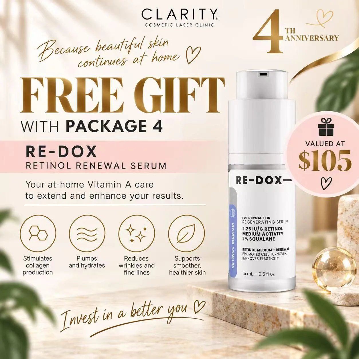 🎁 A little extra with Package 4&hellip;
Beautiful skin doesn&rsquo;t stop when you leave the clinic. 🧡

With our 4th Anniversary Package 4, you&rsquo;ll receive a complimentary full-size RE-DOX Retinol Renewal Serum, valued at $105.

We&rsquo;ve pa