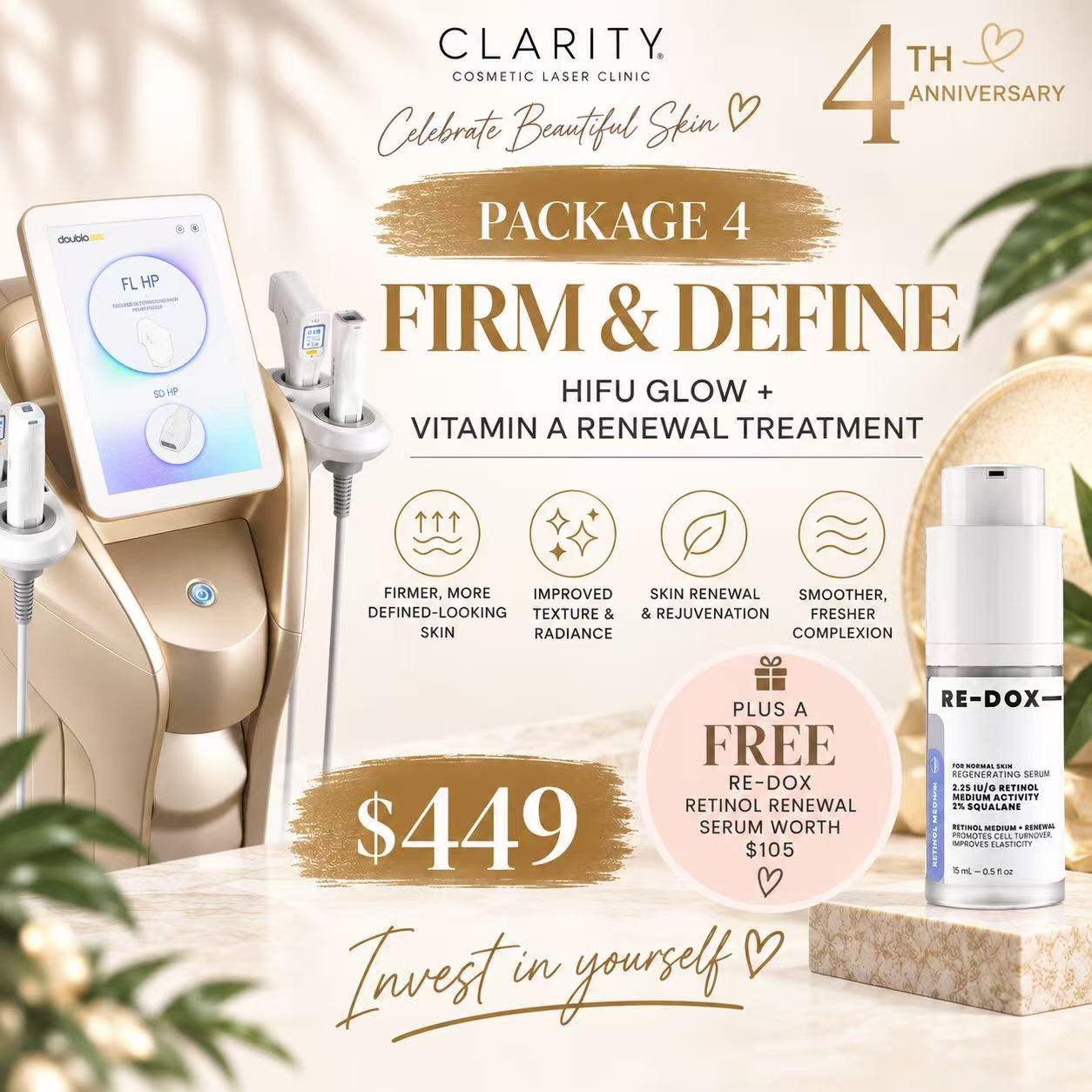 4TH ANNIVERSARY &bull; PACKAGE 4 ✨
Yesterday I shared a little look at our HIFU Glow treatment in action. 💛

Today, here&rsquo;s the final package in our 4th Anniversary collection.

PACKAGE 4 &bull; $449

✨ HIFU Glow
✨ Vitamin A Renewal Treatment
?