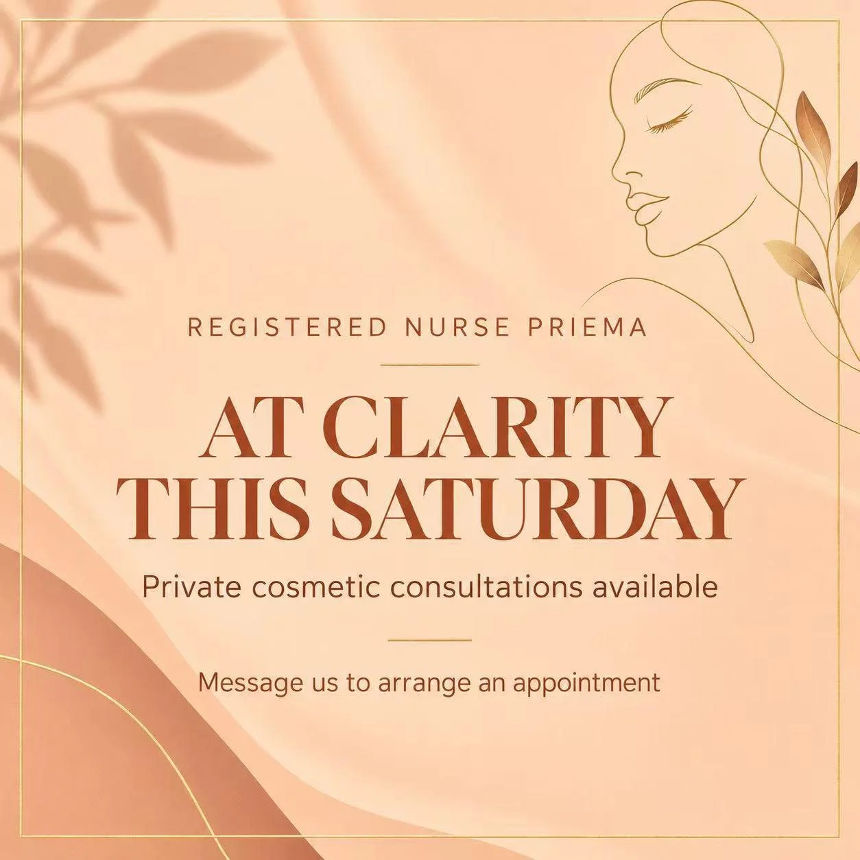 🧡 Registered Nurse Priema will be at Clarity this Saturday and is available for private cosmetic consultations.

If you have been considering a cosmetic treatment but are unsure which options may be appropriate for you, your consultation is an oppor