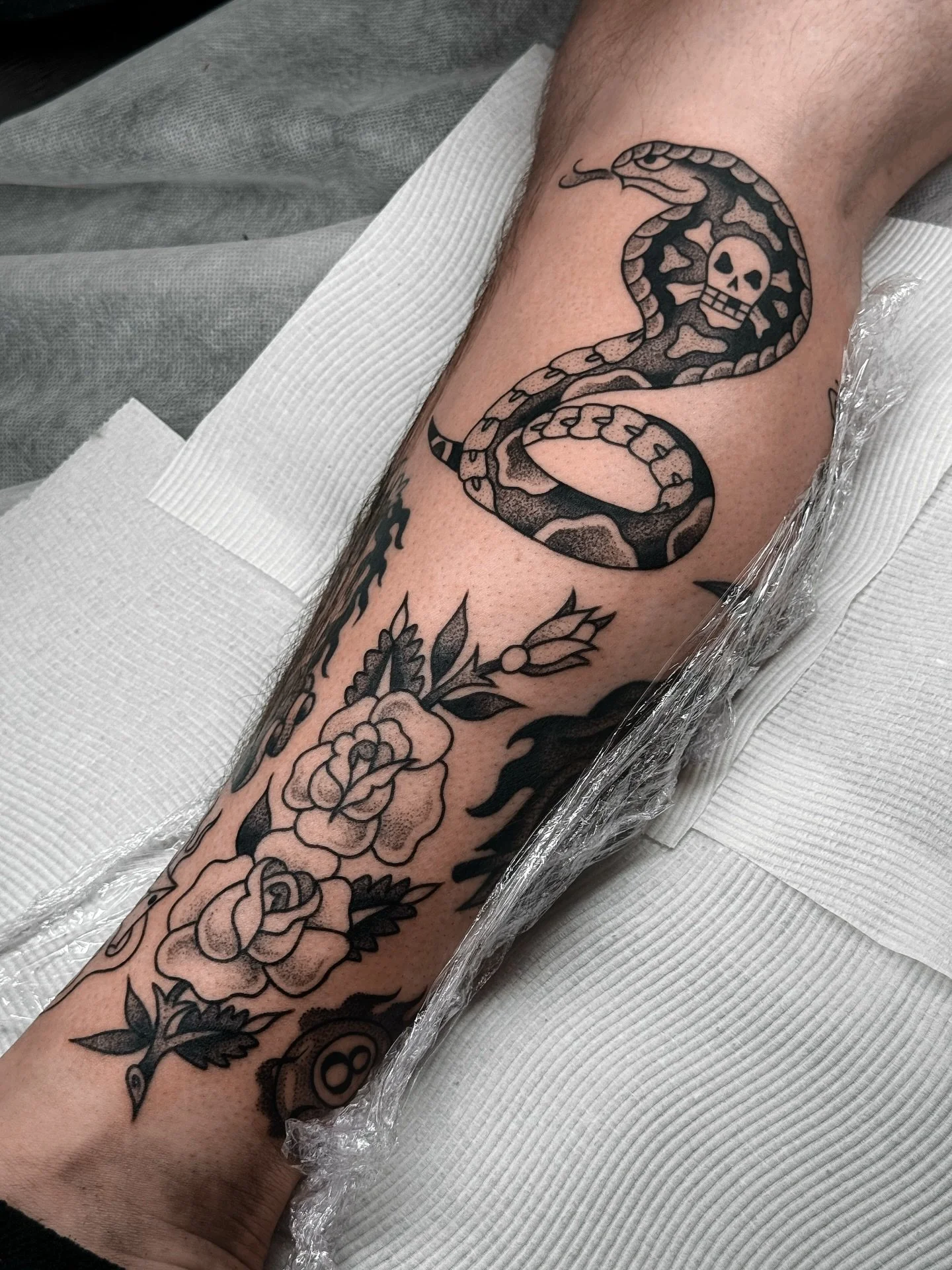 Added more to Hamish Leg during our last session 🔥  snake, roses, eight ball, dice and mushrooms are all fresh! Everything else, healed! Thanks so much for your dedication and choosing a bunch of sick tattoos Hamish 💘💘
.
.⁠
.⁠
.⁠
.⁠
.⁠
#traditiona
