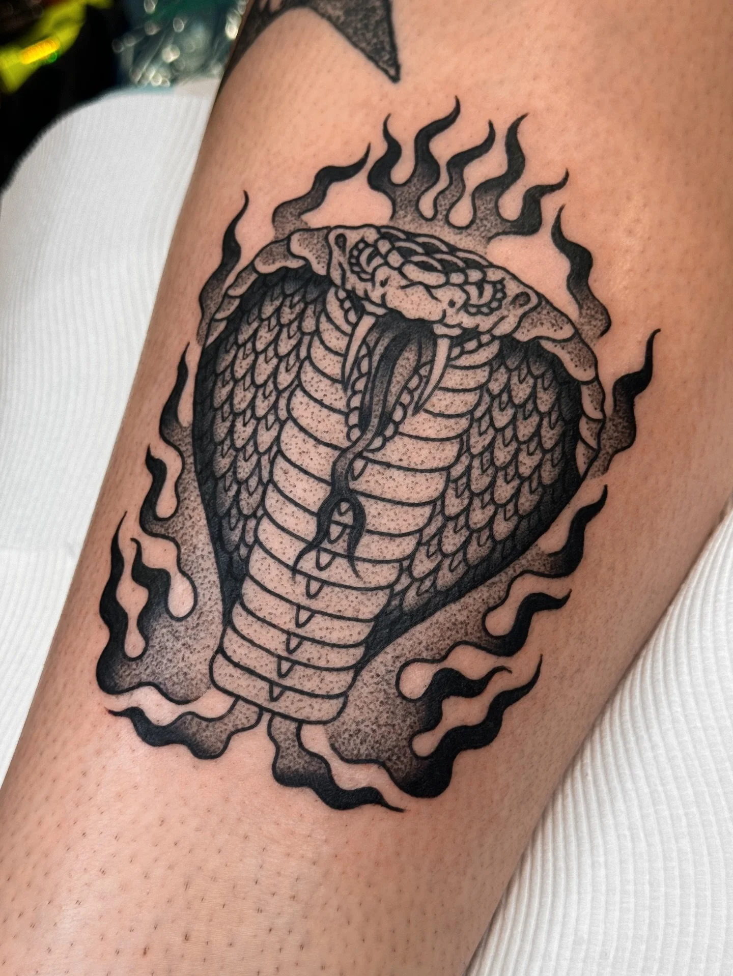 Snake from my flash for the loveliest @anna_ryan____ of @teenjesusandthejeanteasers 💘 if you haven&rsquo;t listened to their music, you&rsquo;re missing out!! 👀
.
.
.
.
#traditionaltattoos #stippletattoo #dotworktattoo #tradworkers #snaketattoo