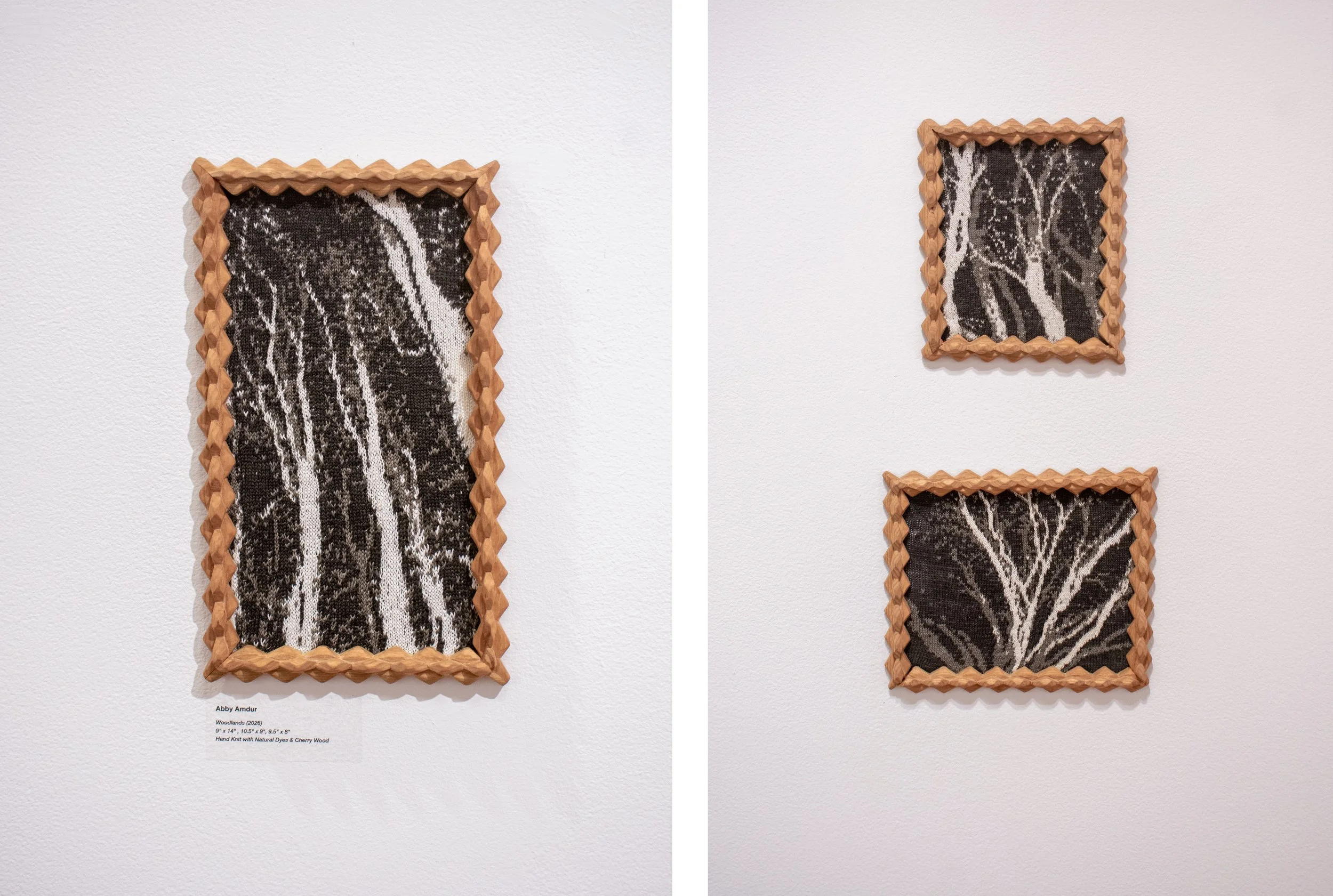 "Woodlands", 9 x 14, 8 x 9.5, 10.5 x 9, Hand knit natural dyed linen with cherry wood