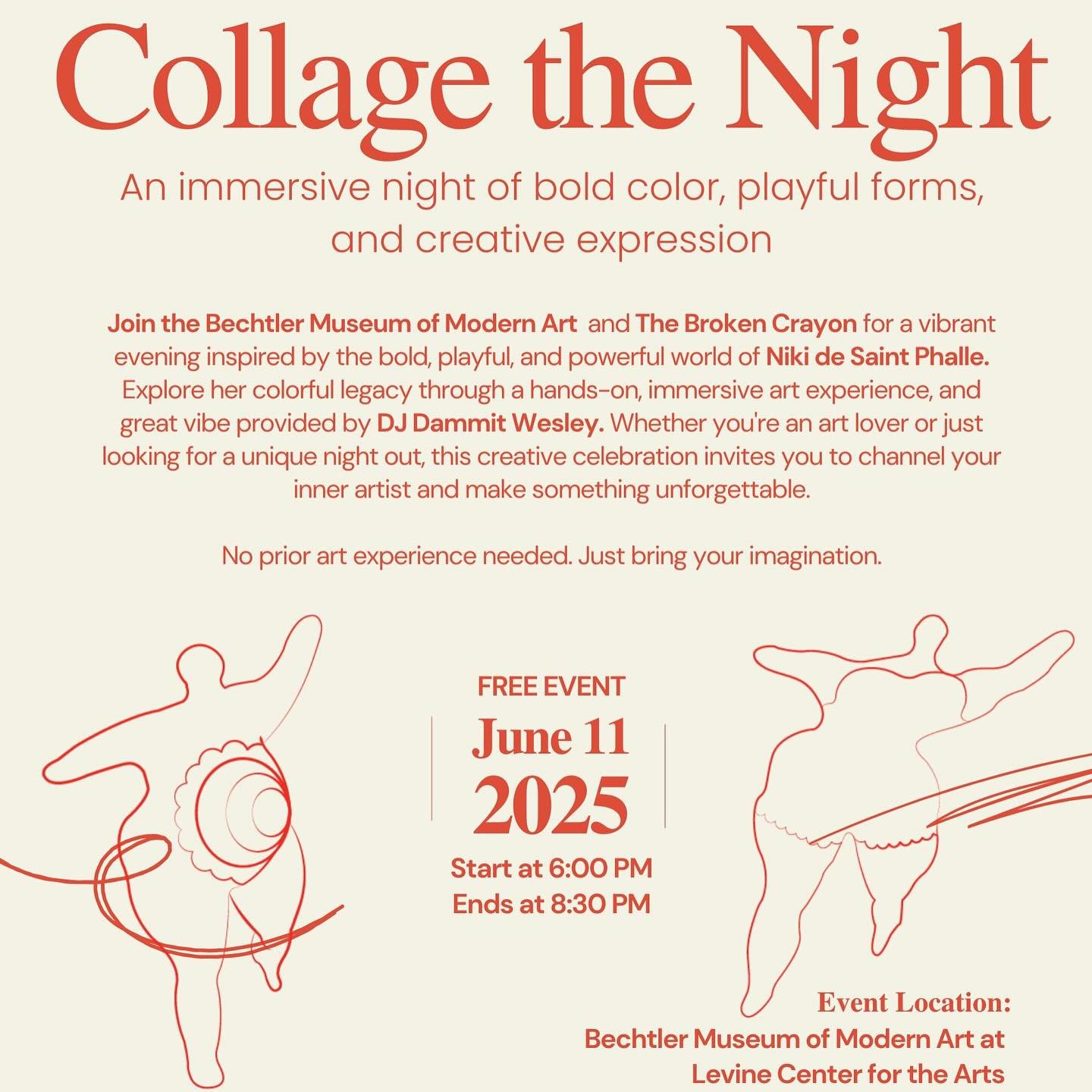 Collage the Night is coming! ✨
Join us on June 11 at the @thebechtler for an immersive night of bold color, playful forms, and creative expression inspired by the iconic Niki de Saint Phalle.

Hands-on art making
Vibes by DJ Dammit Wesley
No art expe