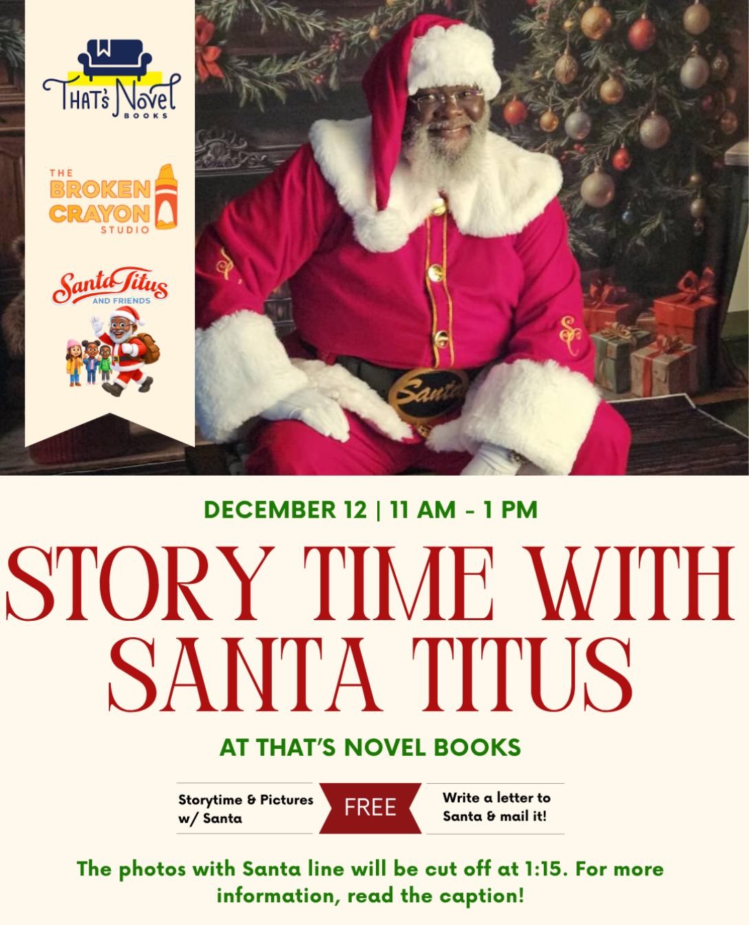 Story Time &amp; Photos with Santa Titus + Letters to Santa!

The holiday magic is coming to @thatsnovelbooks ! Join us for a festive day of holiday stories, photos with Santa Titus, and a special Letters to Santa activity!

Little ones can share the