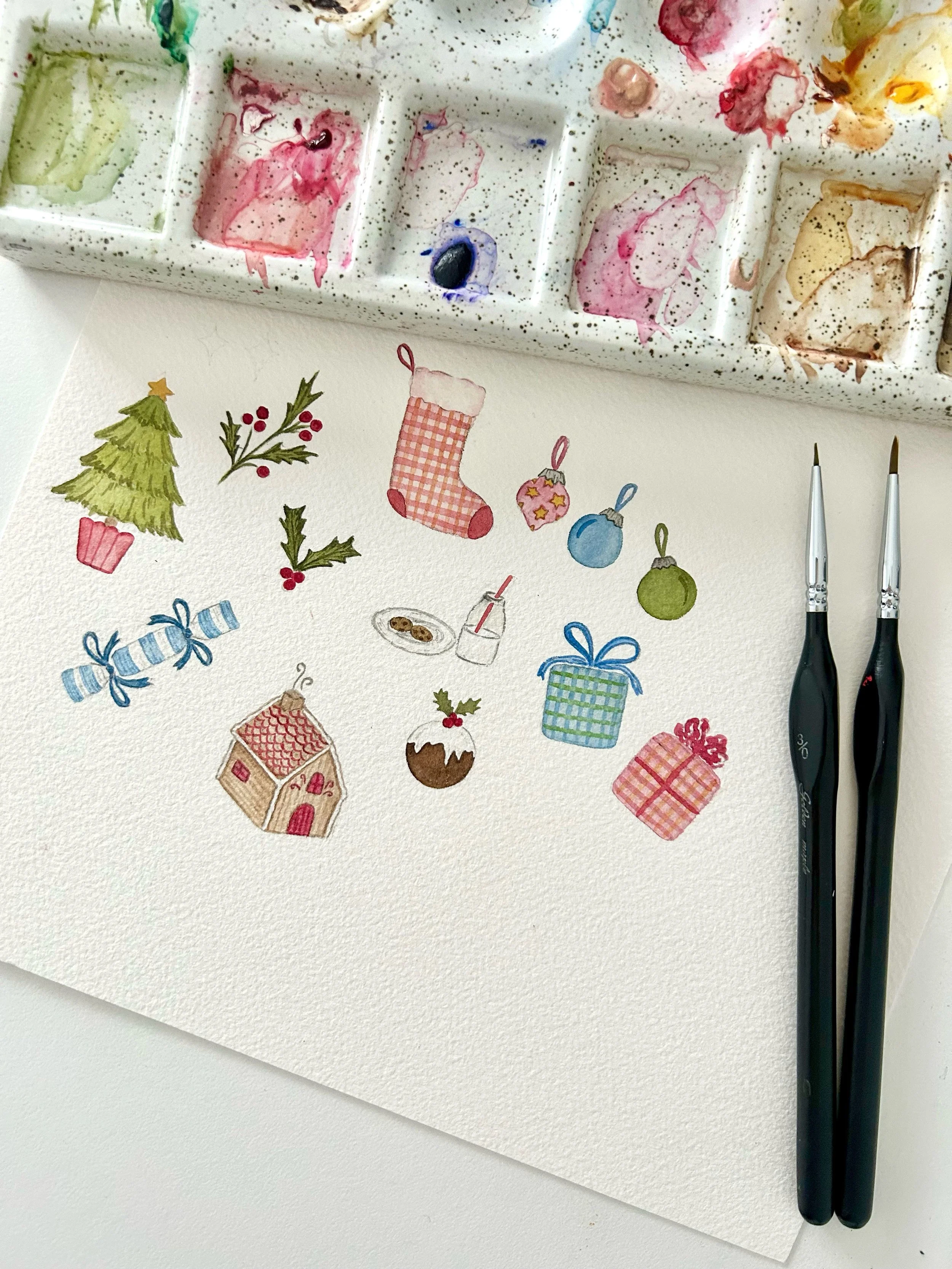 Sharing some recent Christmas inspired motifs I painted for a new design (swipe to see the pattern!) 🎄

Now available for licensing in my exclusive library ✨