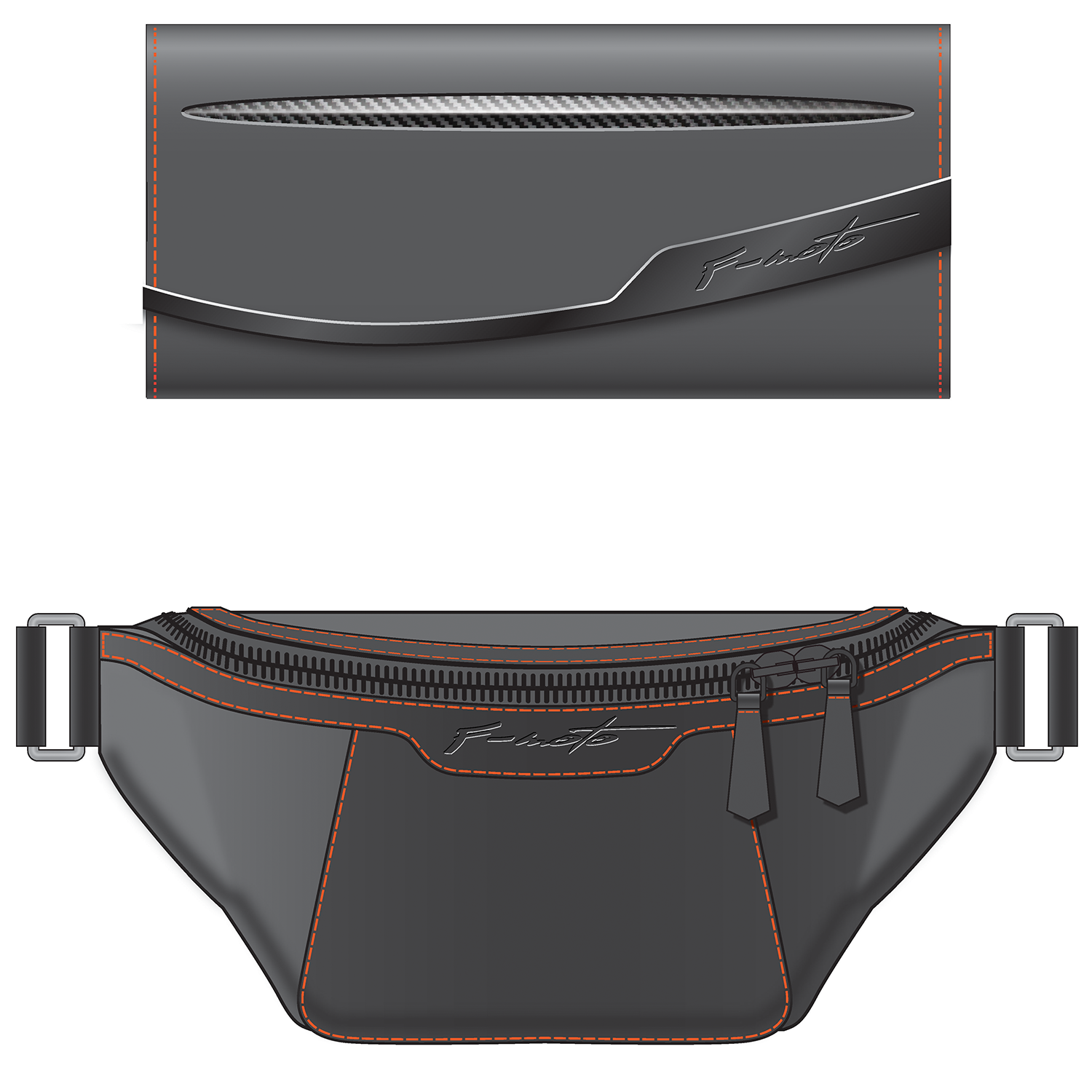 A black waist bag with orange stitching, a zipper, and the logo 'F-Stop' embroidered on the front, featuring a carbon fiber design on the top part.