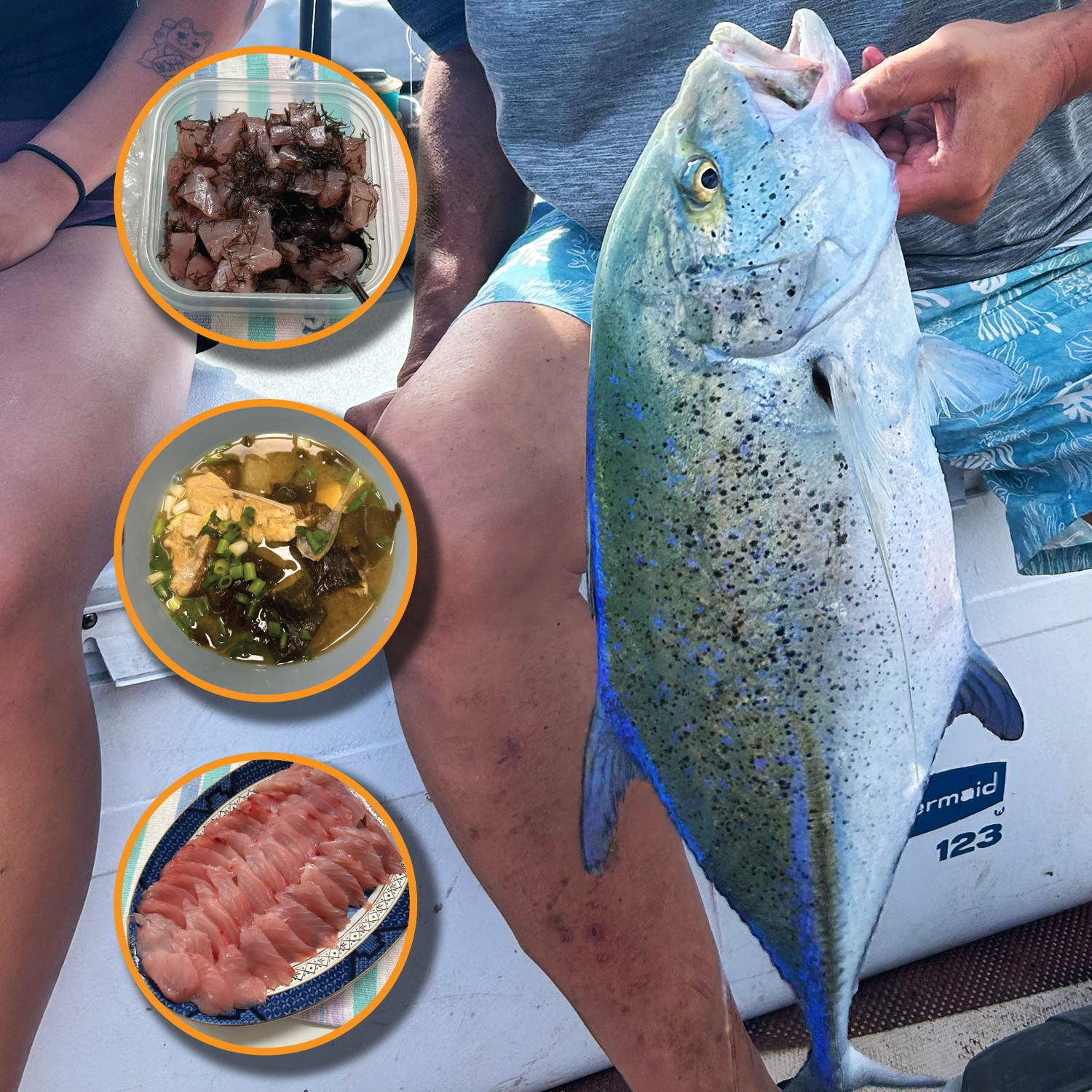 A person holding a large fish with blue and green spots, sitting on a boat with a white cooler in the background. Three inset images show chopped raw fish, a bowl of fish soup, and sliced raw fish arranged on a plate.