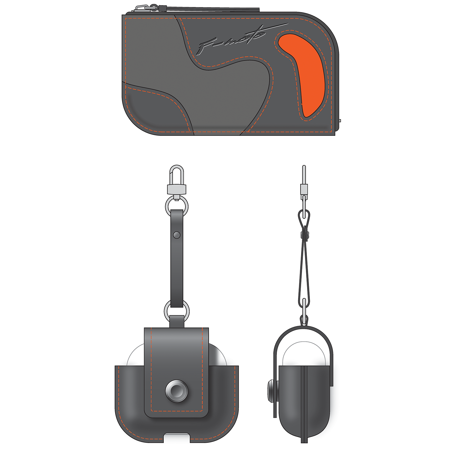 A set of electronic dog training remote controls with a carrying case and strap, all in black with orange accents and branding.