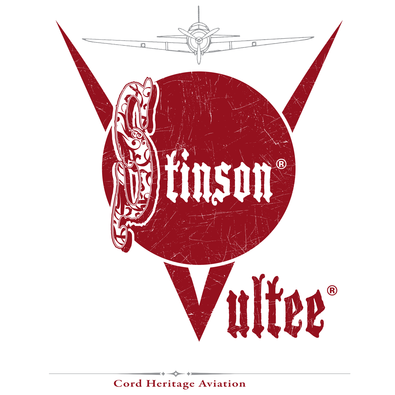 Logo of Vultree with a vintage airplane flying above. Design includes a large red circle with a snake and the word "Vultree" with a distressed texture. Text at the bottom reads "Cord Heritage Aviation".