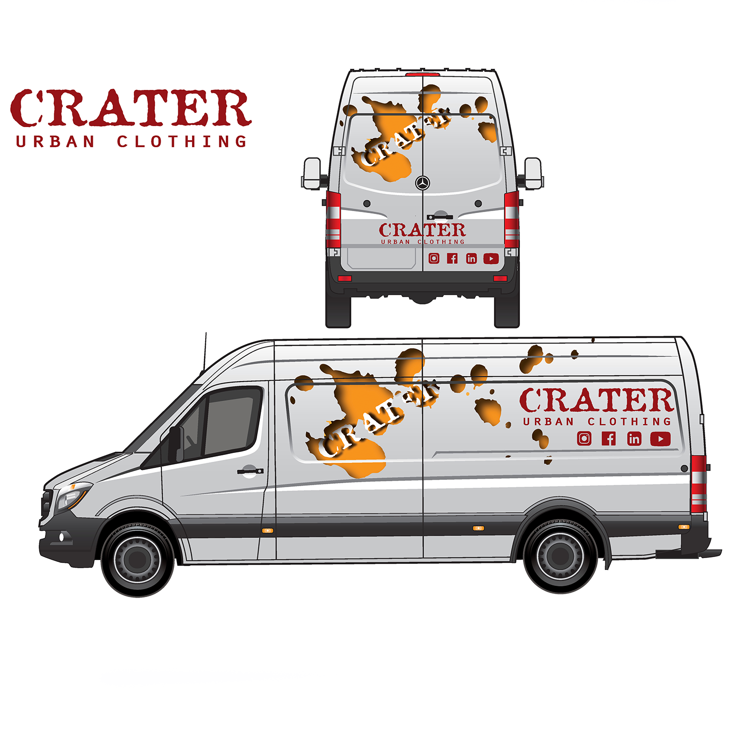 Design mockup of a white delivery van with branding for Crater Urban Clothing, featuring orange paint splatter graphics with the word 'CRATER' overlaid, and social media icons on the back and side of the van.
