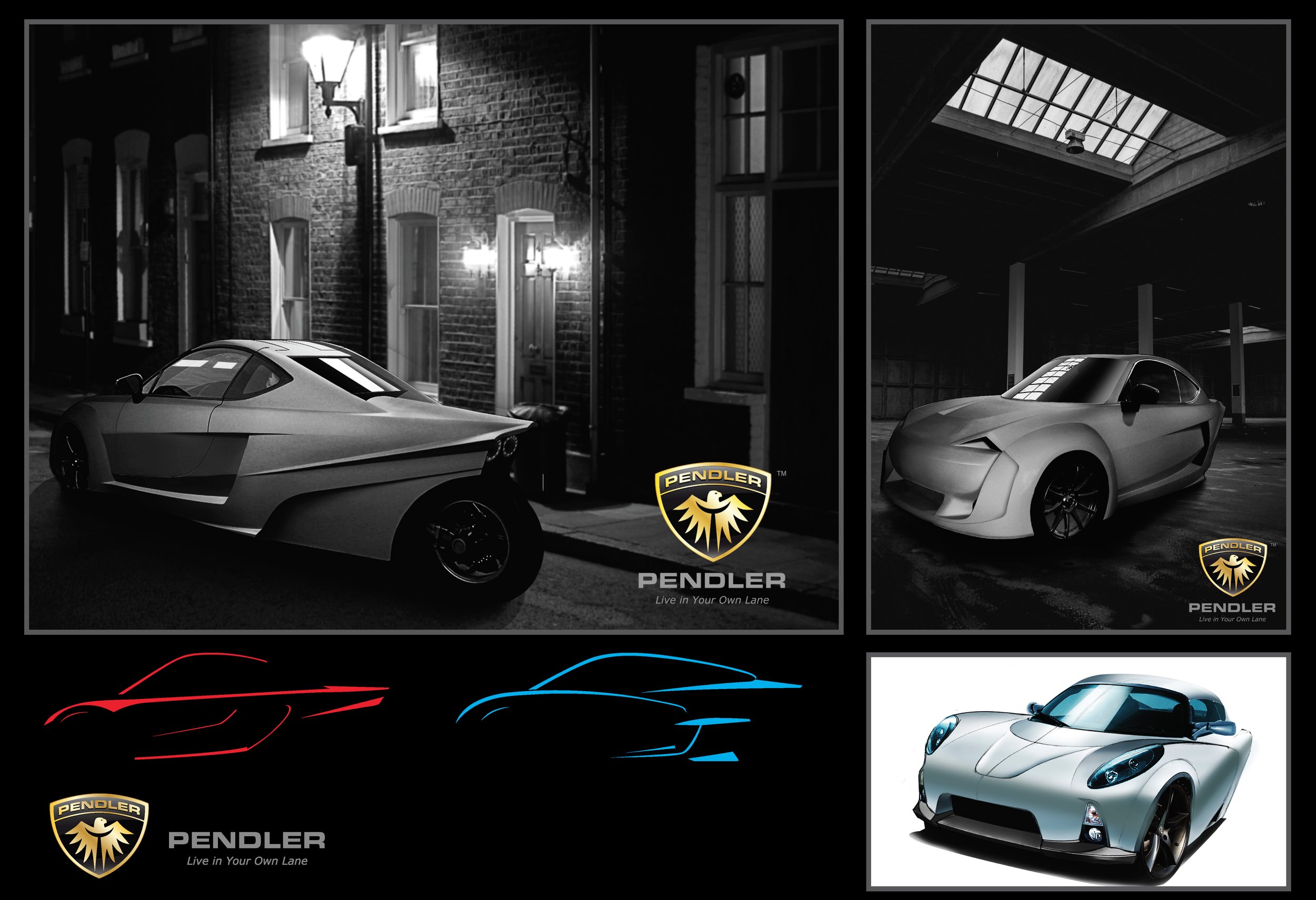 Various images of luxury sports cars including a sleek silver car in different angles, with branding from Pendler and slogans like 'Live in Your Own Lane', featuring a modern showroom environment.