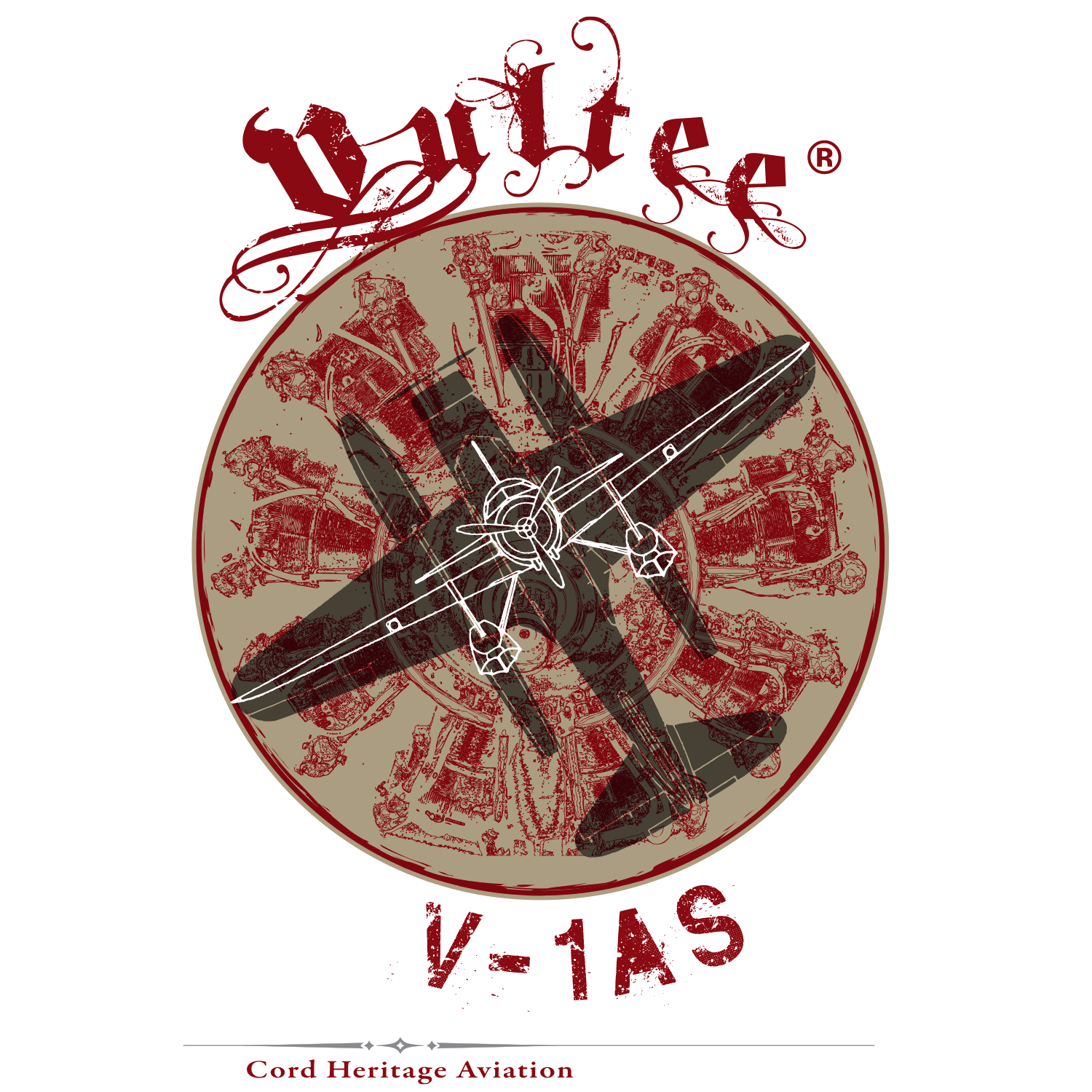 Vintage-style logo for V-1AS with a distressed circular graphic of vintage aircraft and an overlay of a white pilot's silhouette and plane outline. Text includes "V-1AS" and "Cord Heritage Aviation".