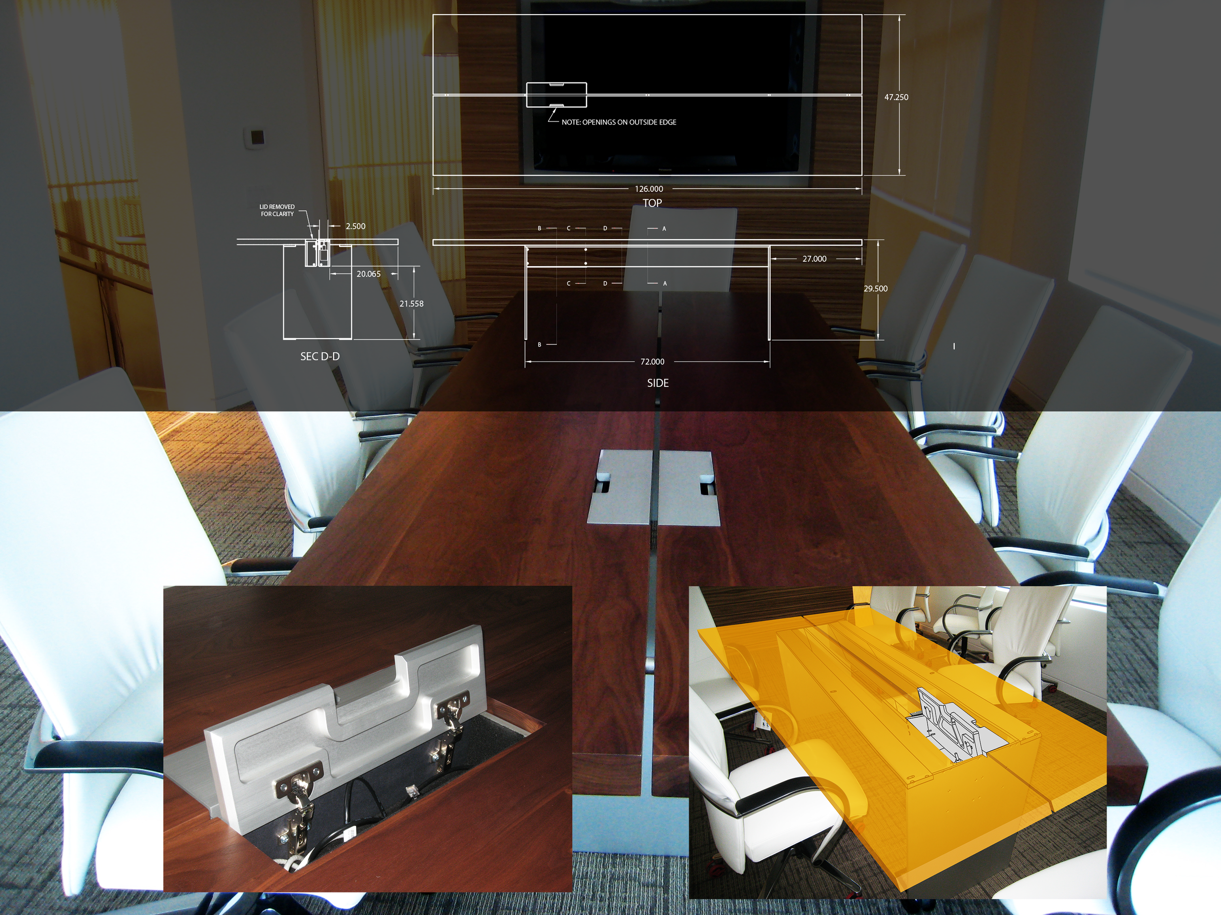 Conference room with a large wooden table surrounded by white chairs, a wall-mounted TV, and a partially removed ceiling panel showing electrical wiring.