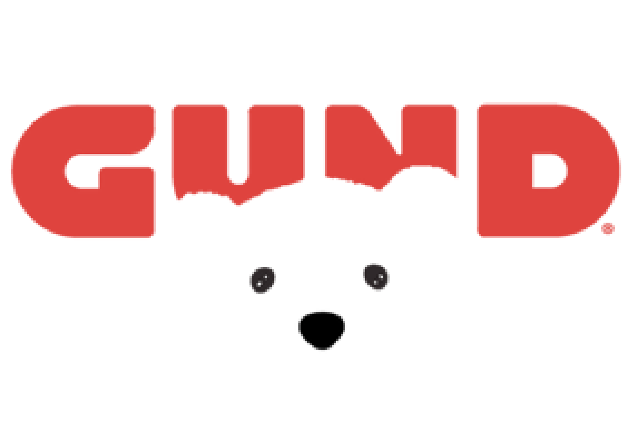 The word 'GUND' in large red letters above a cartoon bear face with black eyes, a black nose, and a white face.