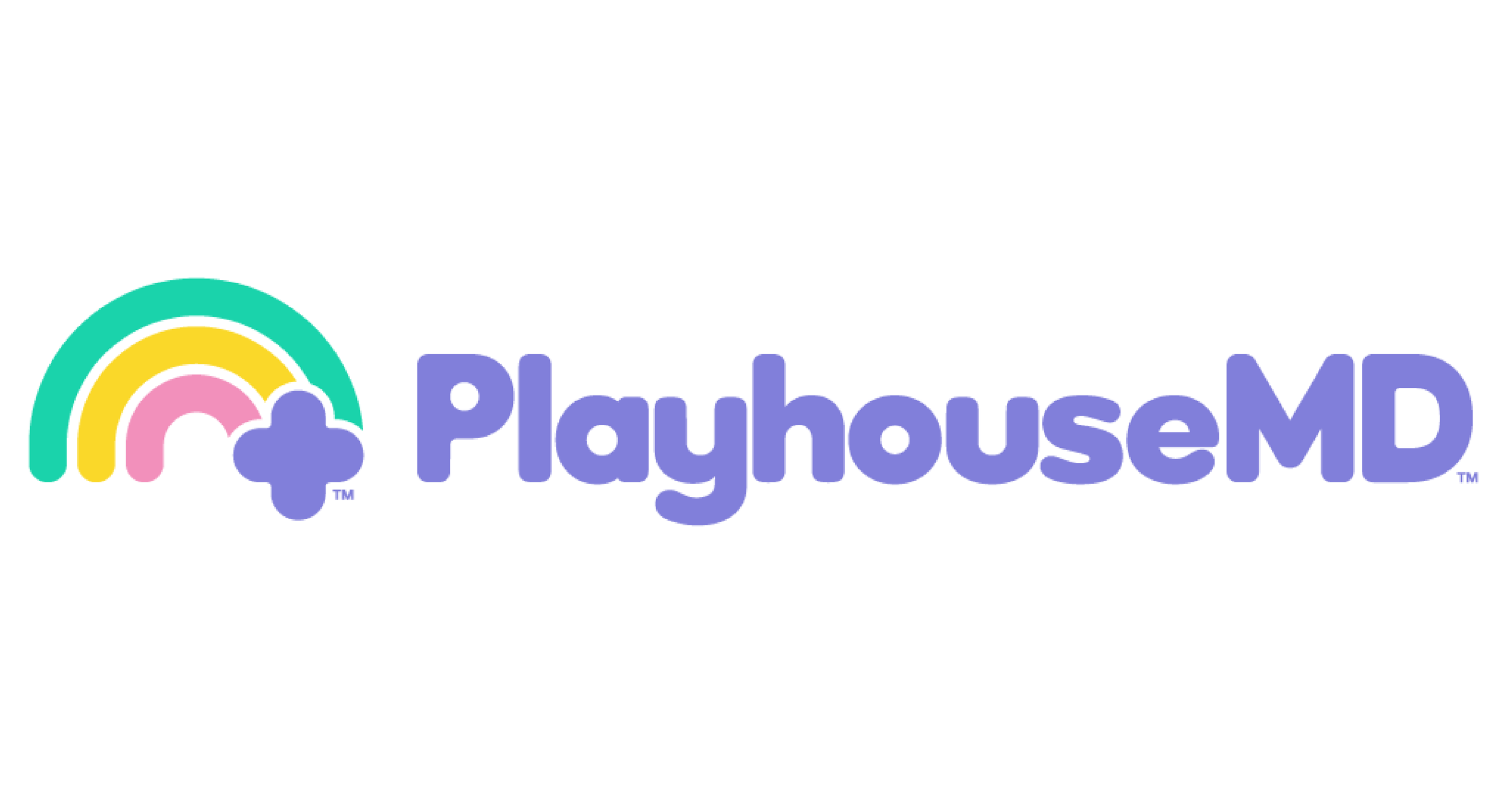 Logo for PlayhouseMD featuring a pastel rainbow with a purple plus sign and the text 'PlayhouseMD' in purple.
