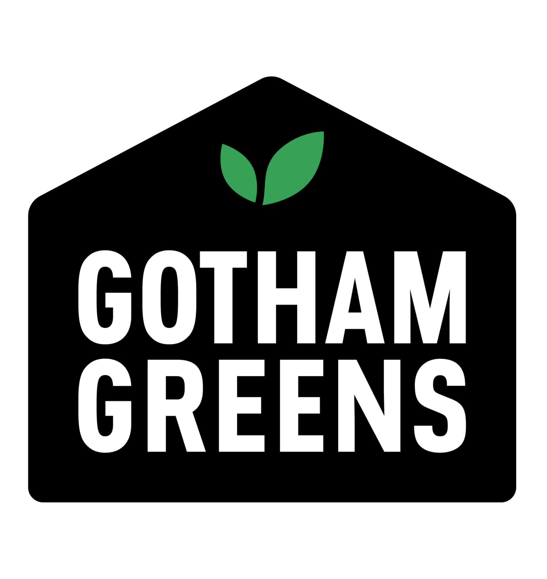 Logo for Gotham Greens featuring a black house-like shape with white text and two green leaves at the top.