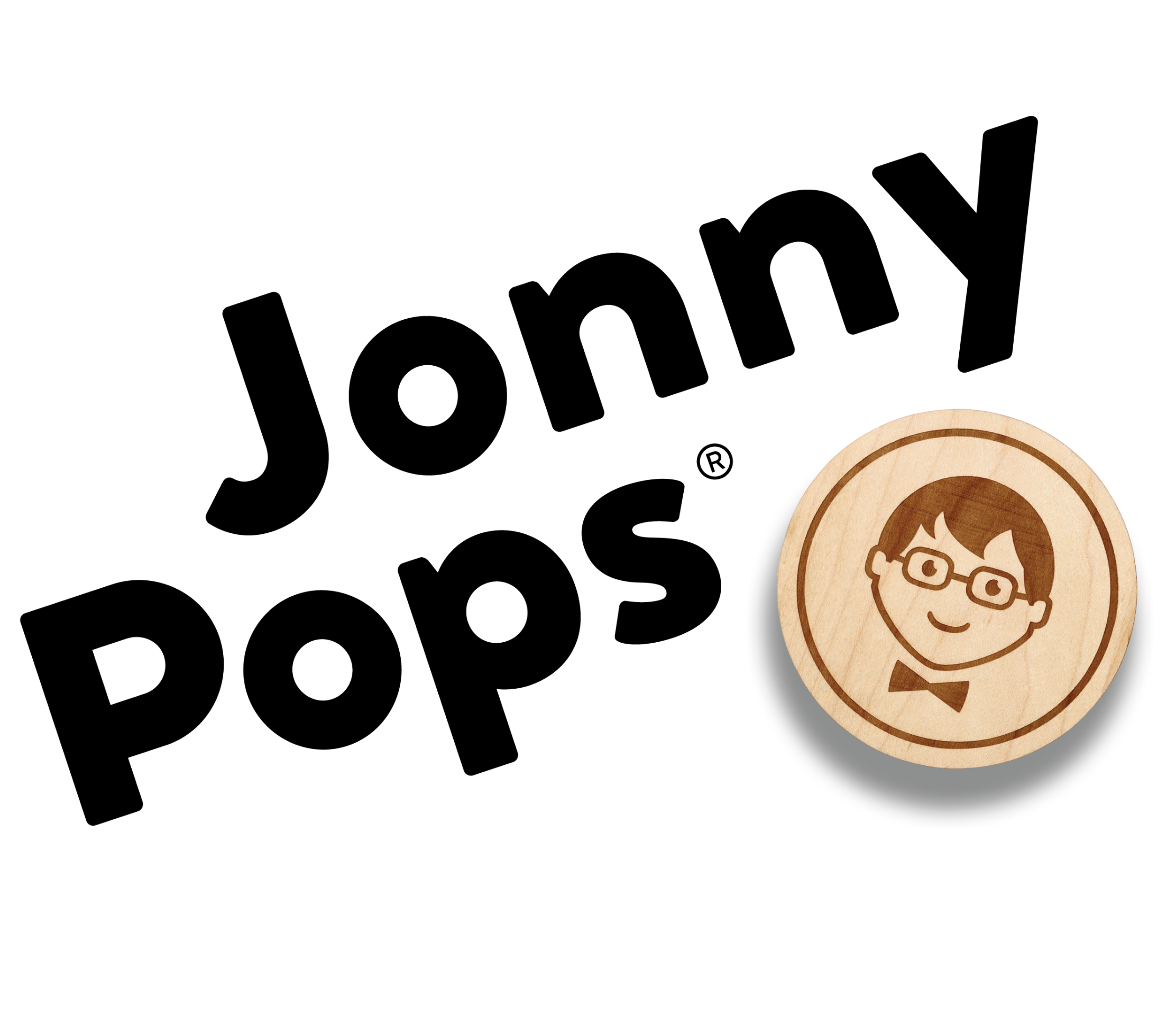 A logo for Jonny Pops featuring black text and a wooden stamp with a cartoon portrait of a boy with glasses and a bow tie.