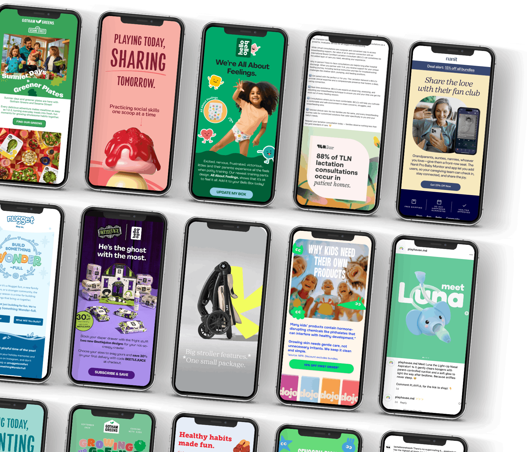 Multiple smartphone screens displaying various app interfaces and advertisements for children's products, health, and family activities.