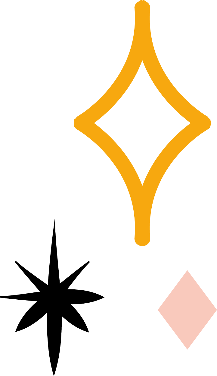 Decorative graphic featuring a large yellow diamond-shaped outline, a black starburst, and a small pale pink diamond shape.