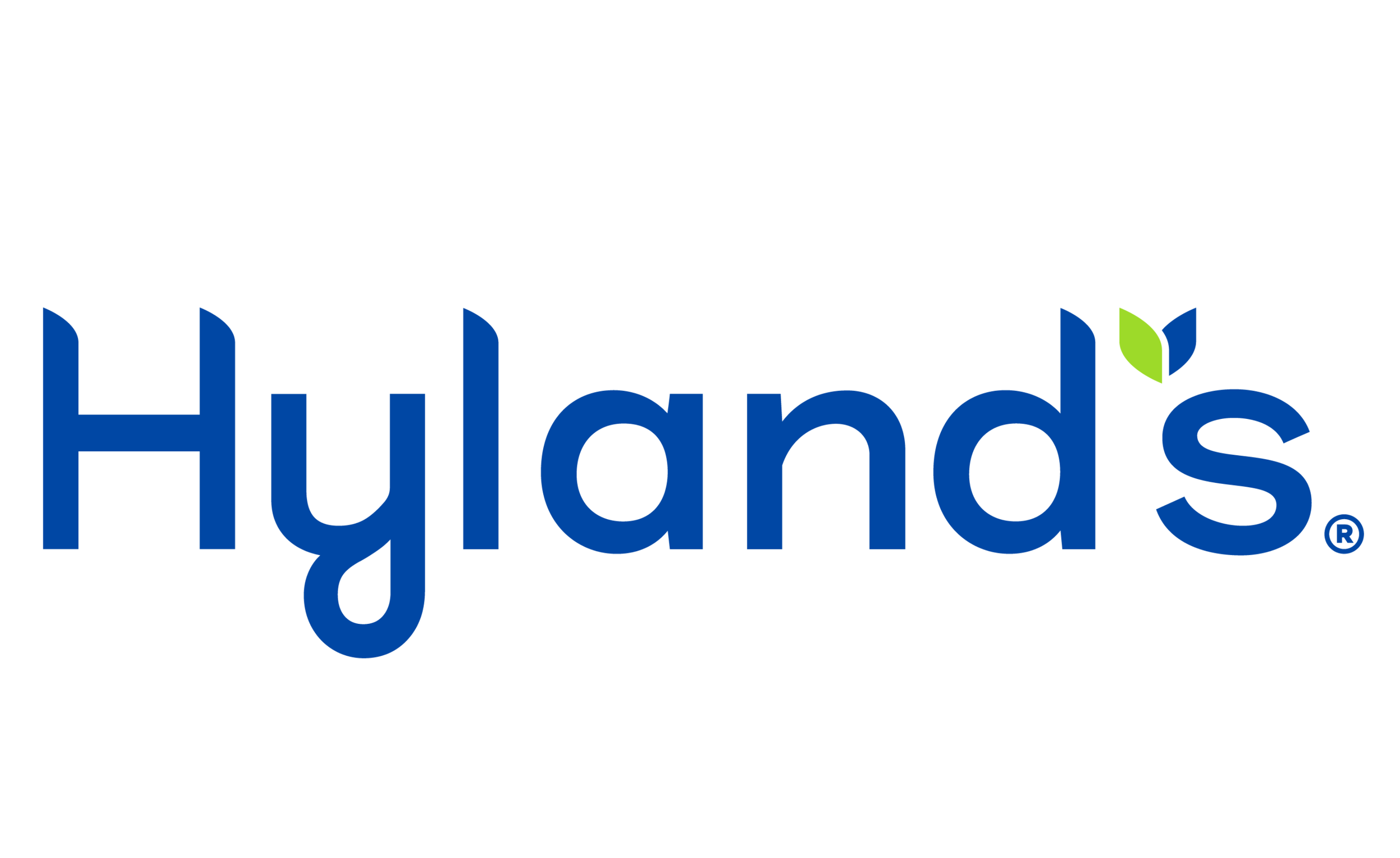 Hylands logo with blue text and a green leaf above the letter 'd'.