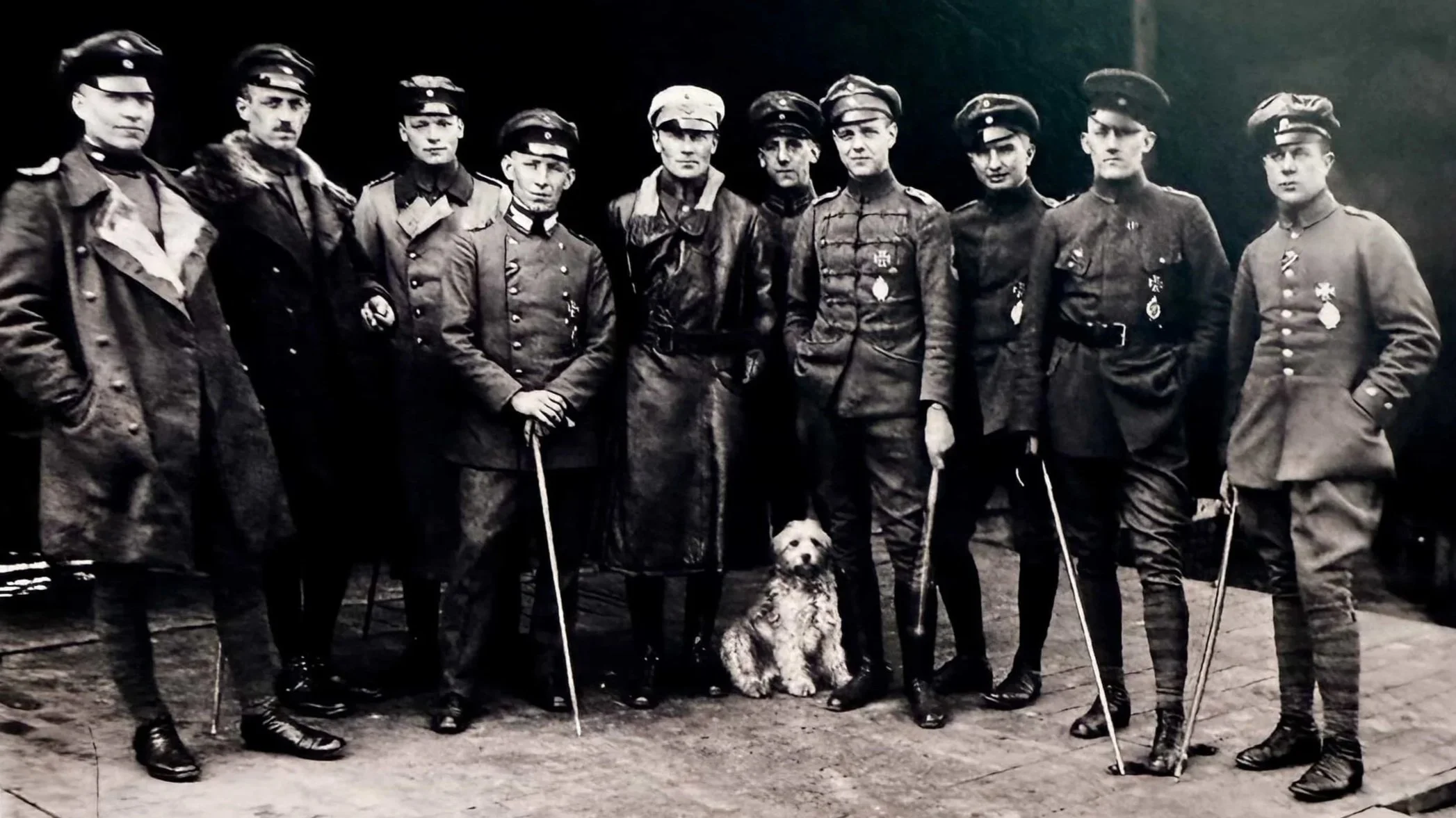 A group of German pilots from the First World War line up for a photograph