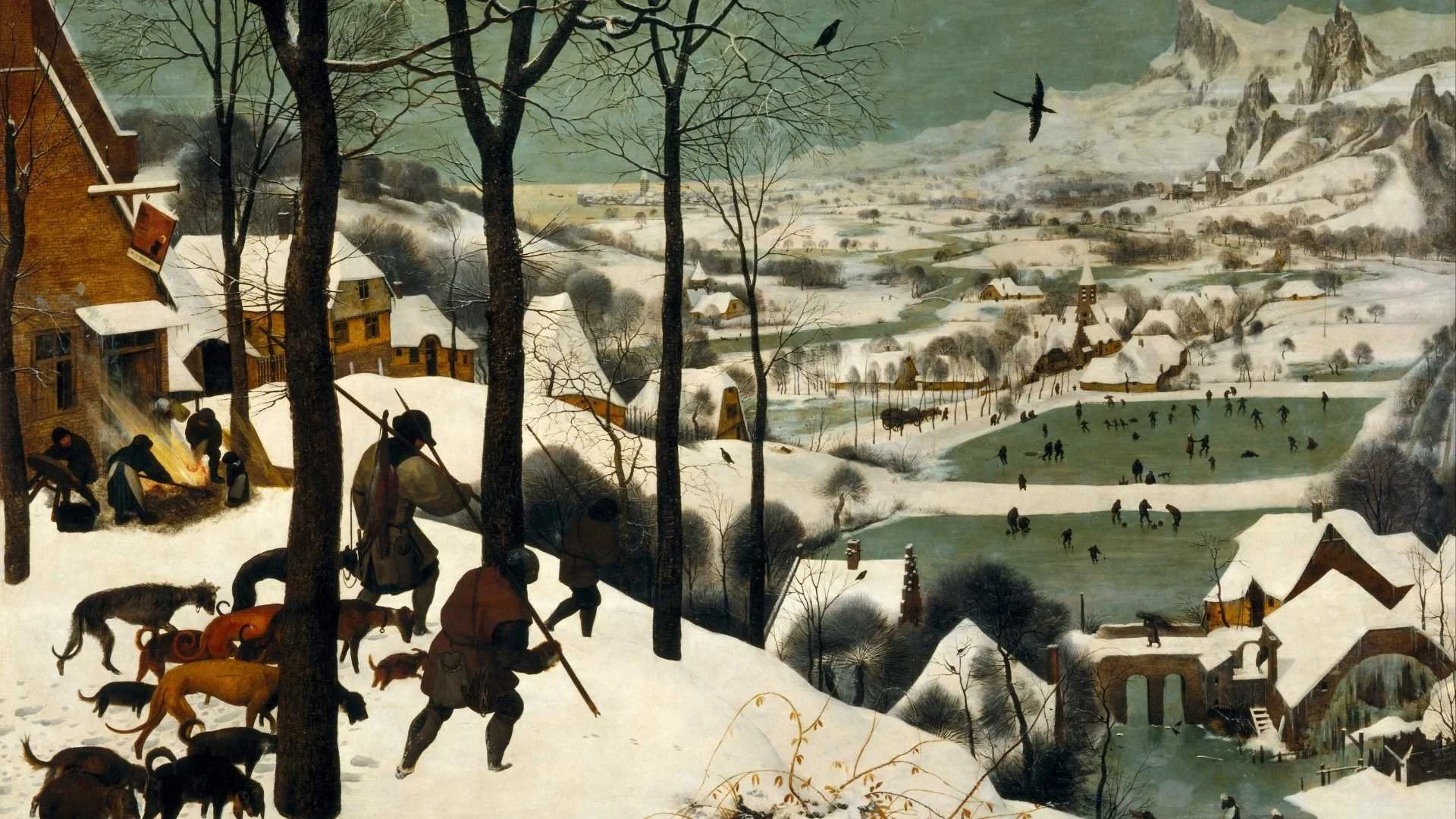 A painting of hunters returning to their village in winter