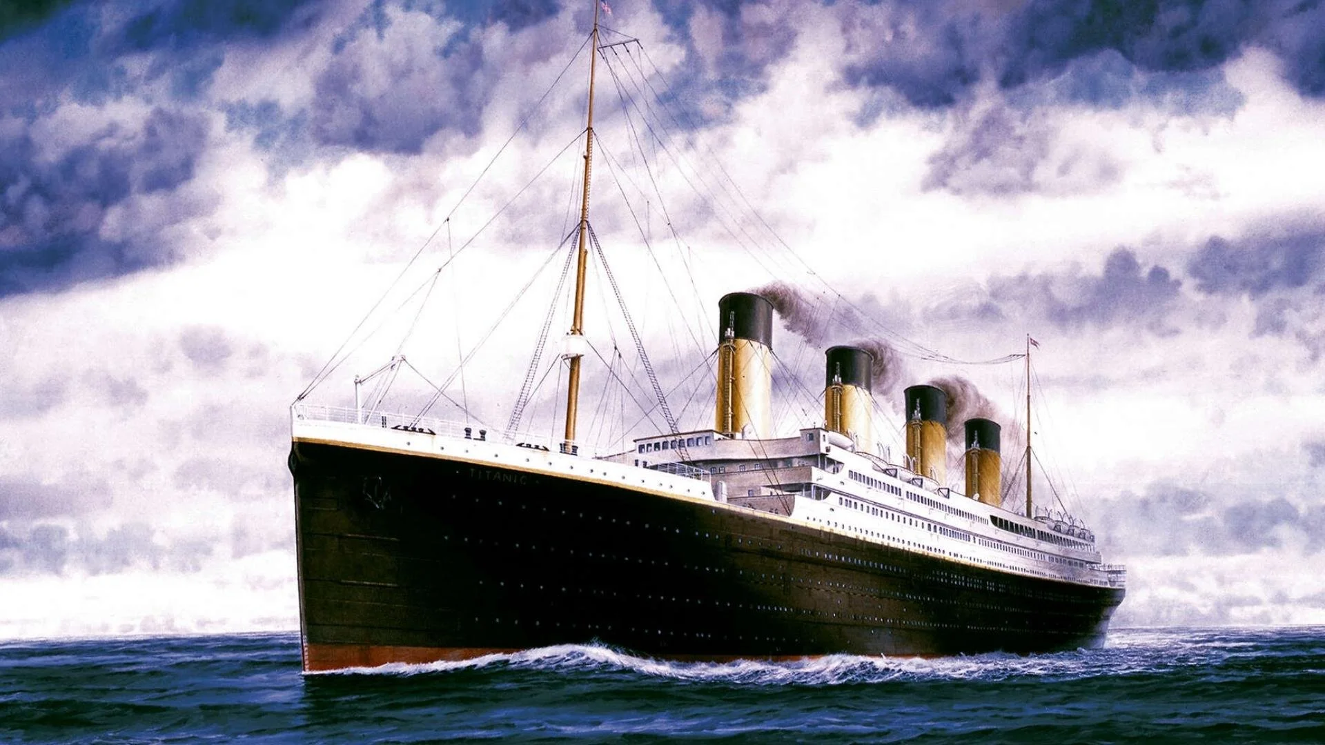 A painting of a large passenger ship, The Titanic, at sea
