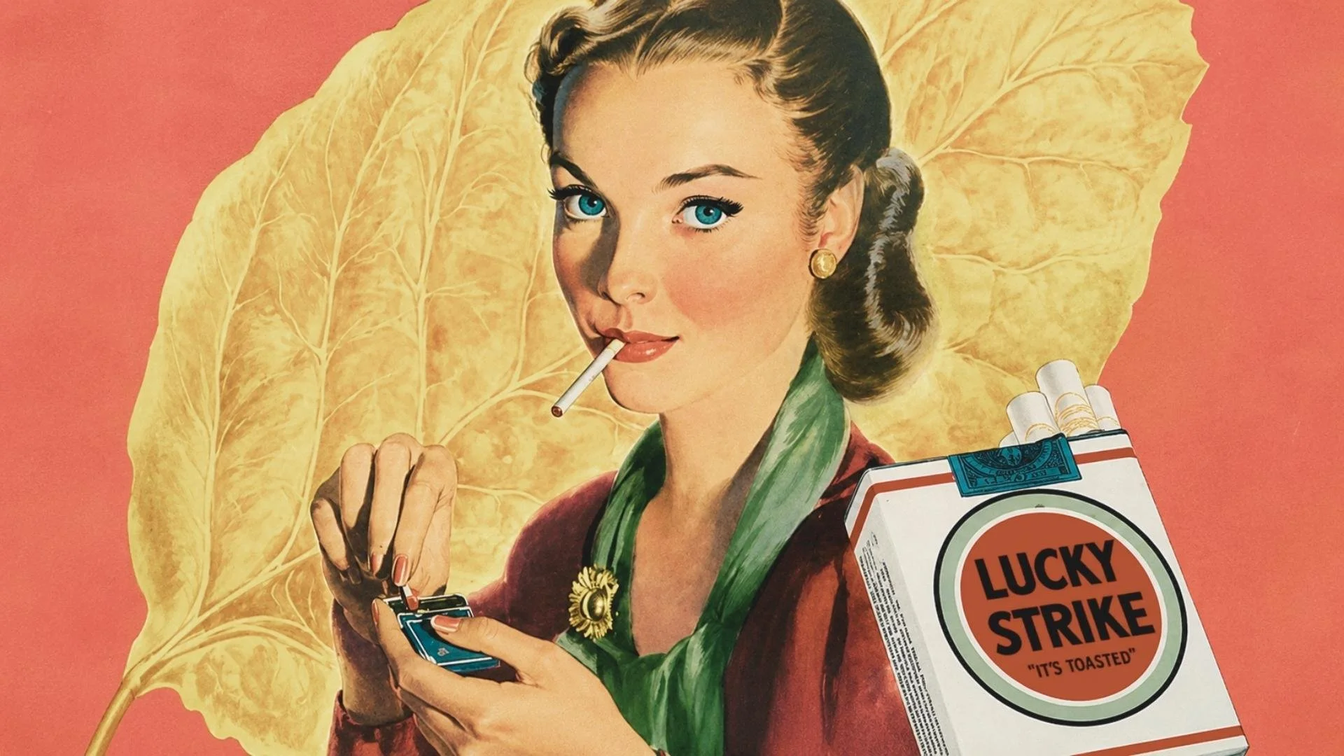A woman smoking a cigarette in the style of a 1950s ad