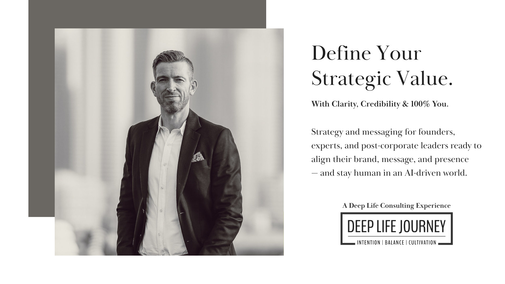A professional man in a suit standing in an office environment with a cityscape view in the background, black and white style.
