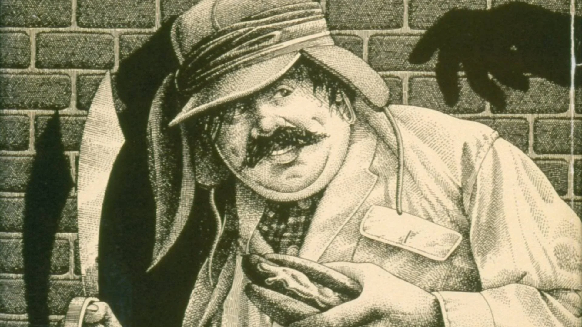 A caricature of an overweight man carrying a knife and a hot dog wearing a hunting hat