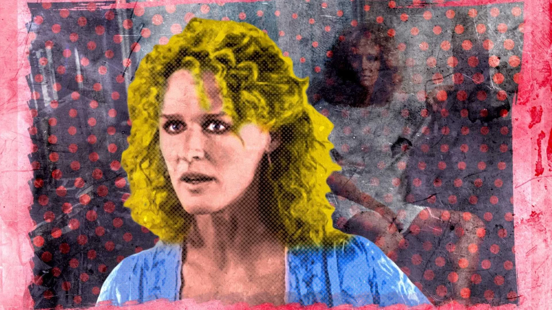 A woman stares outward with another version of her in the background