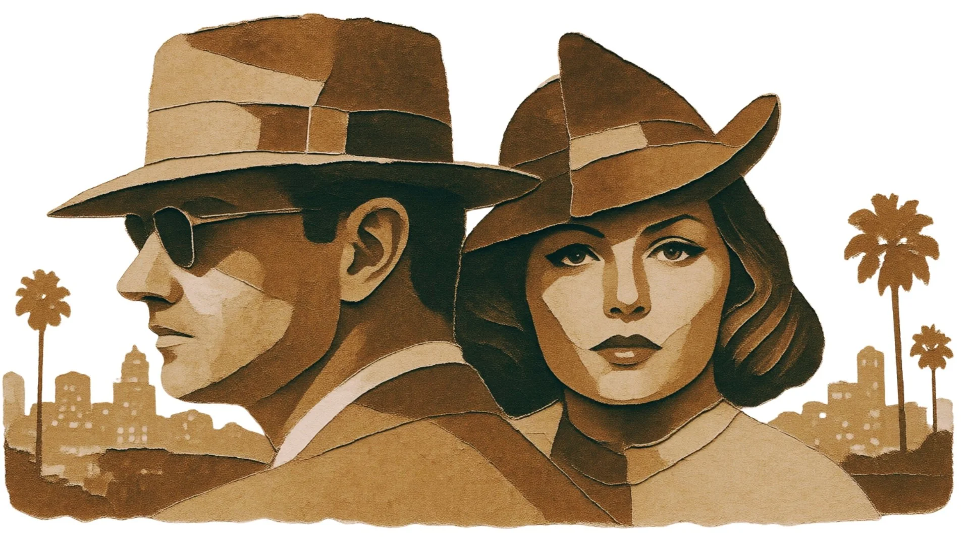 An artwork of a man and woman's face in a film noir style