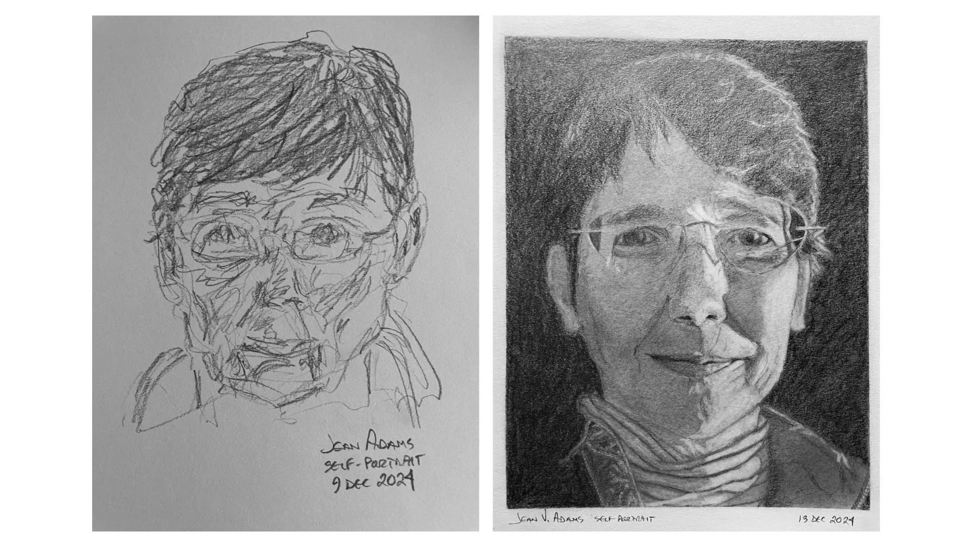 A sketch of a before and after self portrait from the same artist