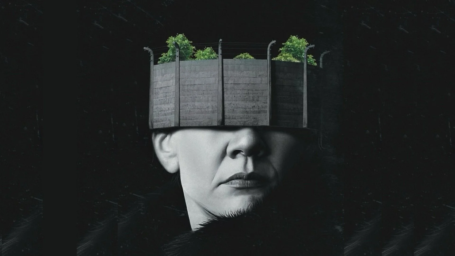 A close up shot of a woman's face with a small closed off garden and barbed wire fence placed over her head like a crown