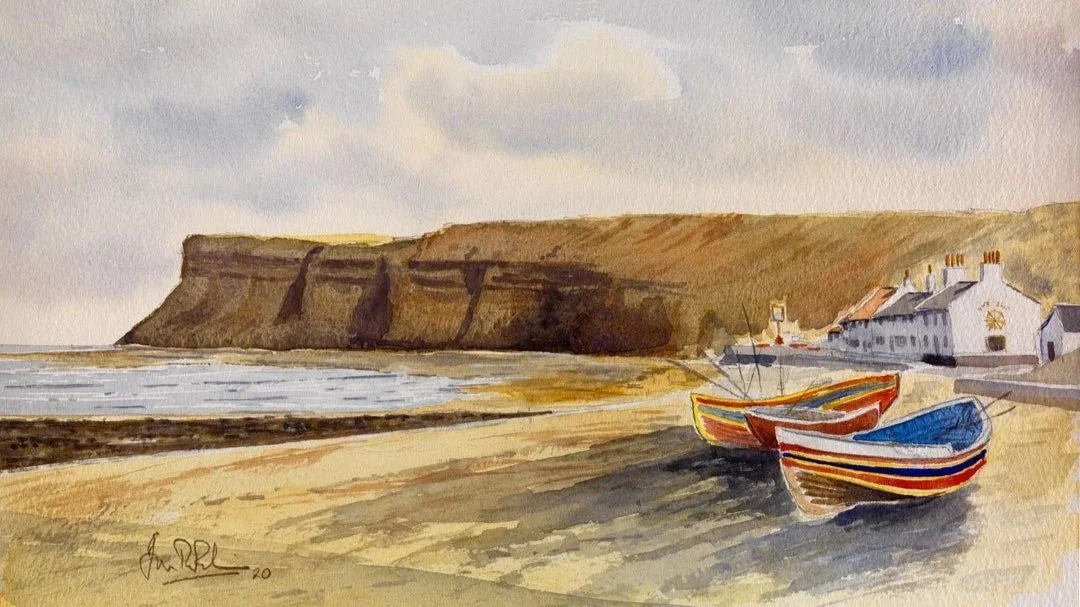 A painting of two ships on shore against a picturesque harbour