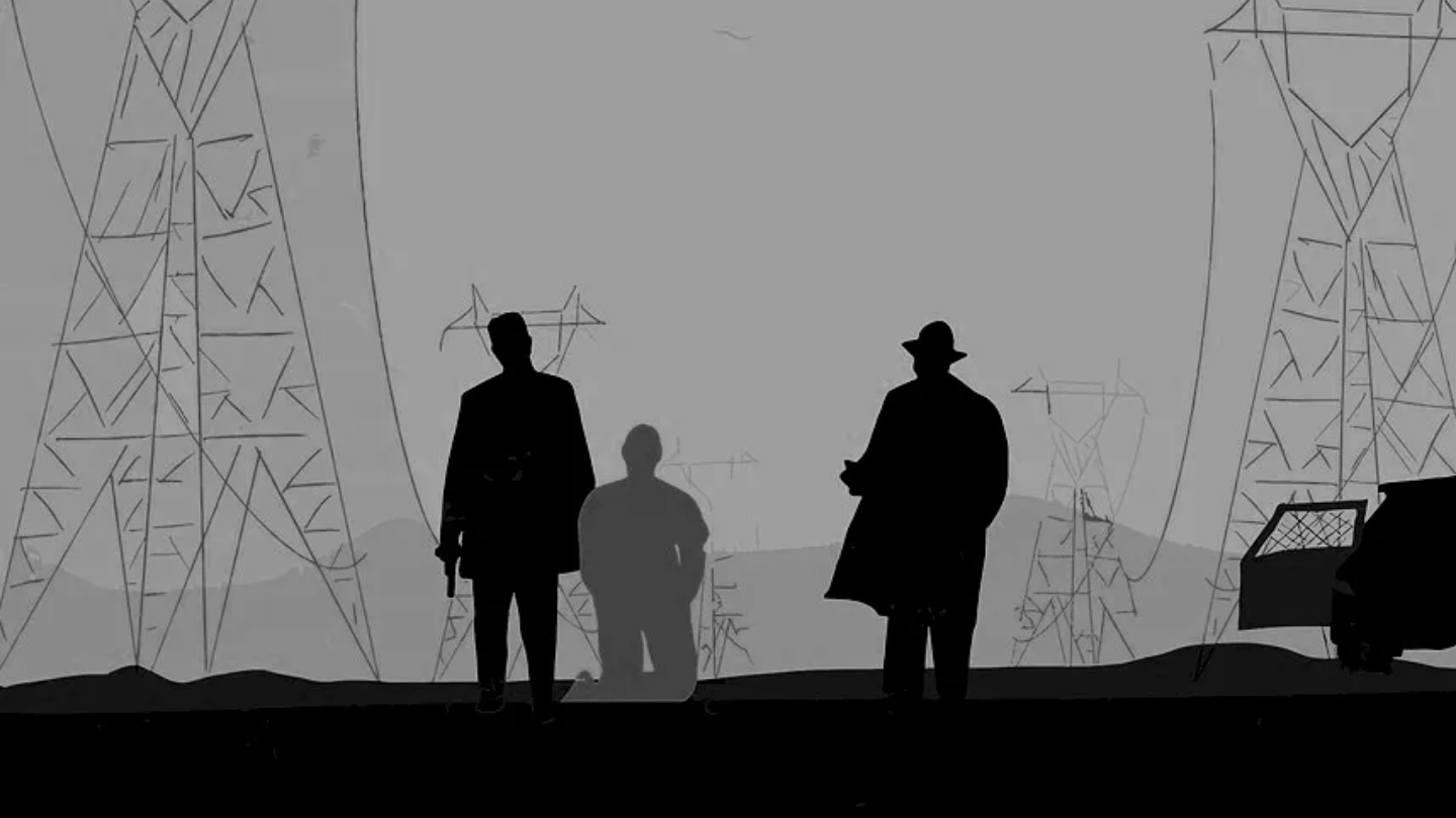 A man kneels in front of two police detectives
