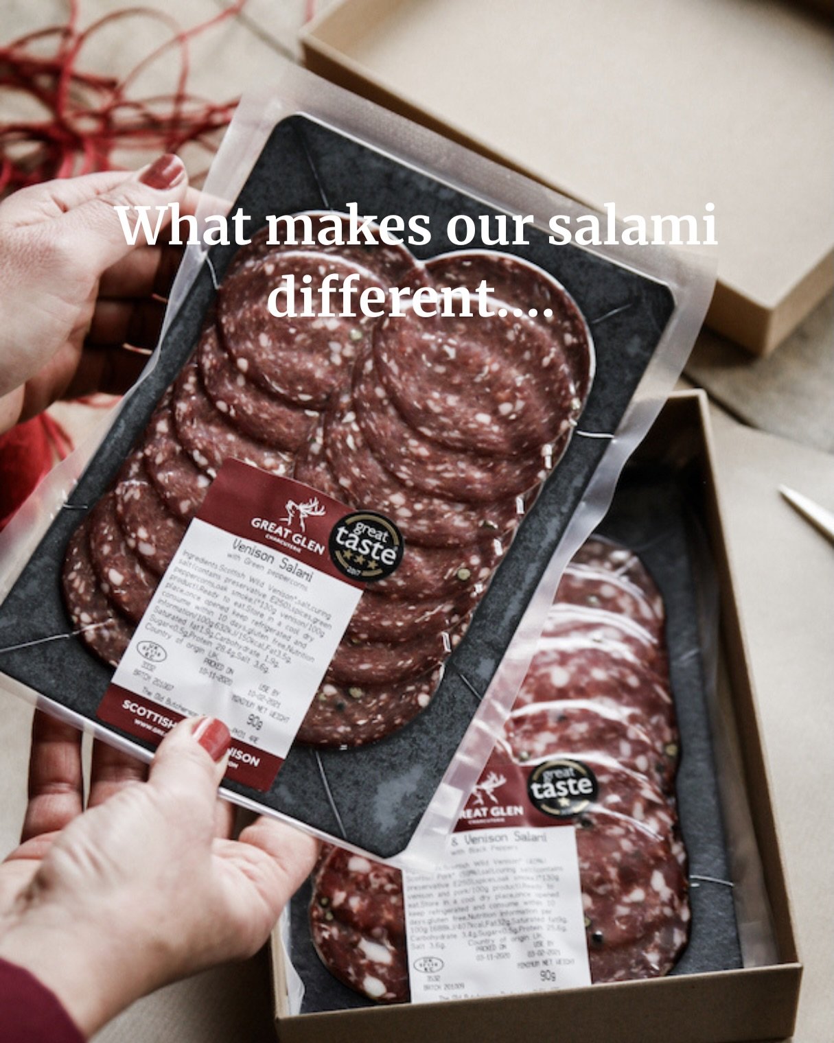 What makes our venison salami different?

We use sustainably sourced wild deer from the Scottish Highlands 🌲🌳

It&rsquo;s made the traditional way with just meat, salt and spices🤎

No additives. No shortcuts.

And importantly, no pork at all. Not 