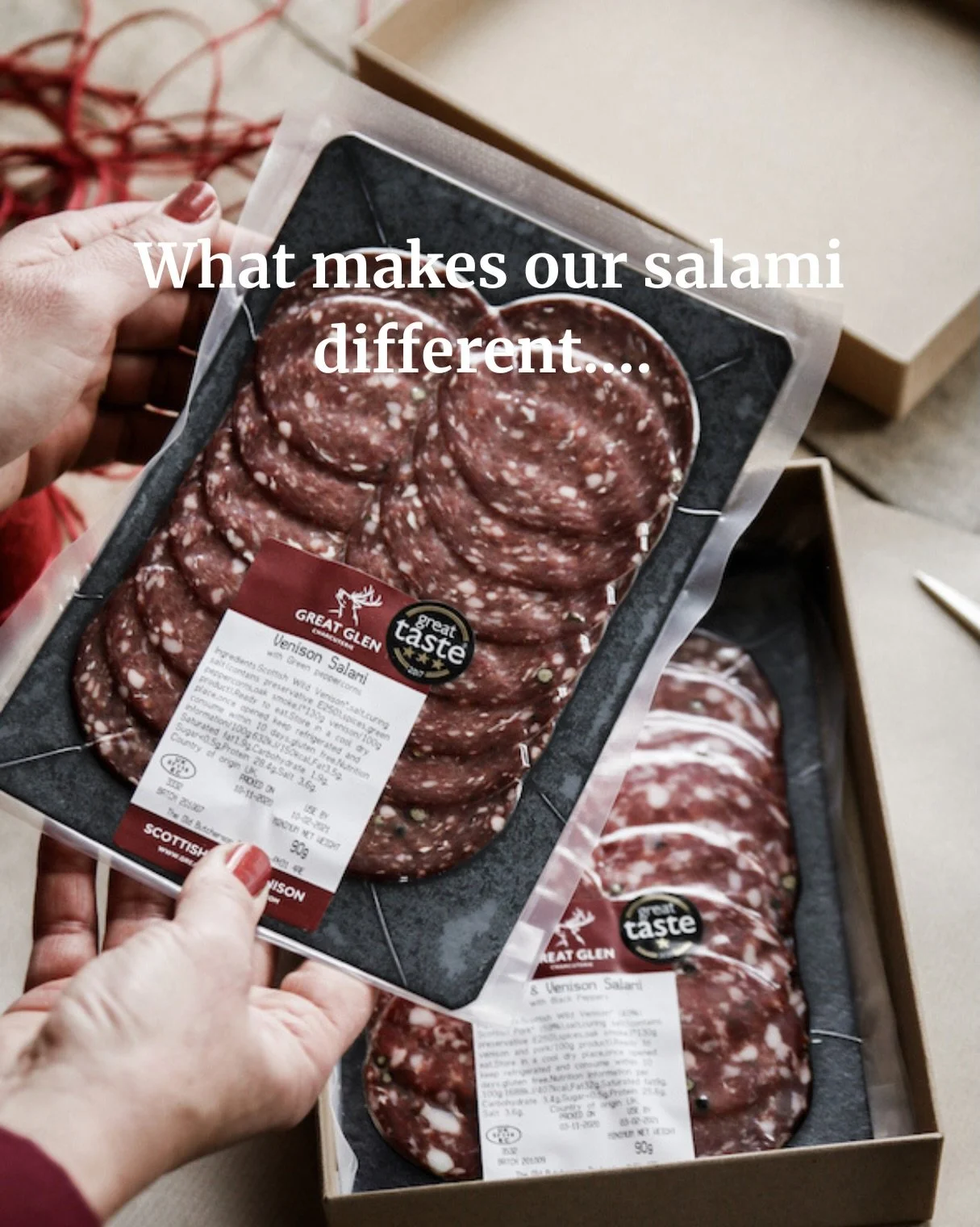 What makes our venison salami different?

We use sustainably sourced wild deer from the Scottish Highlands 🌲🌳

It&rsquo;s made the traditional way with just meat, salt and spices🤎

No additives. No shortcuts.

And importantly, no pork at all. Not 